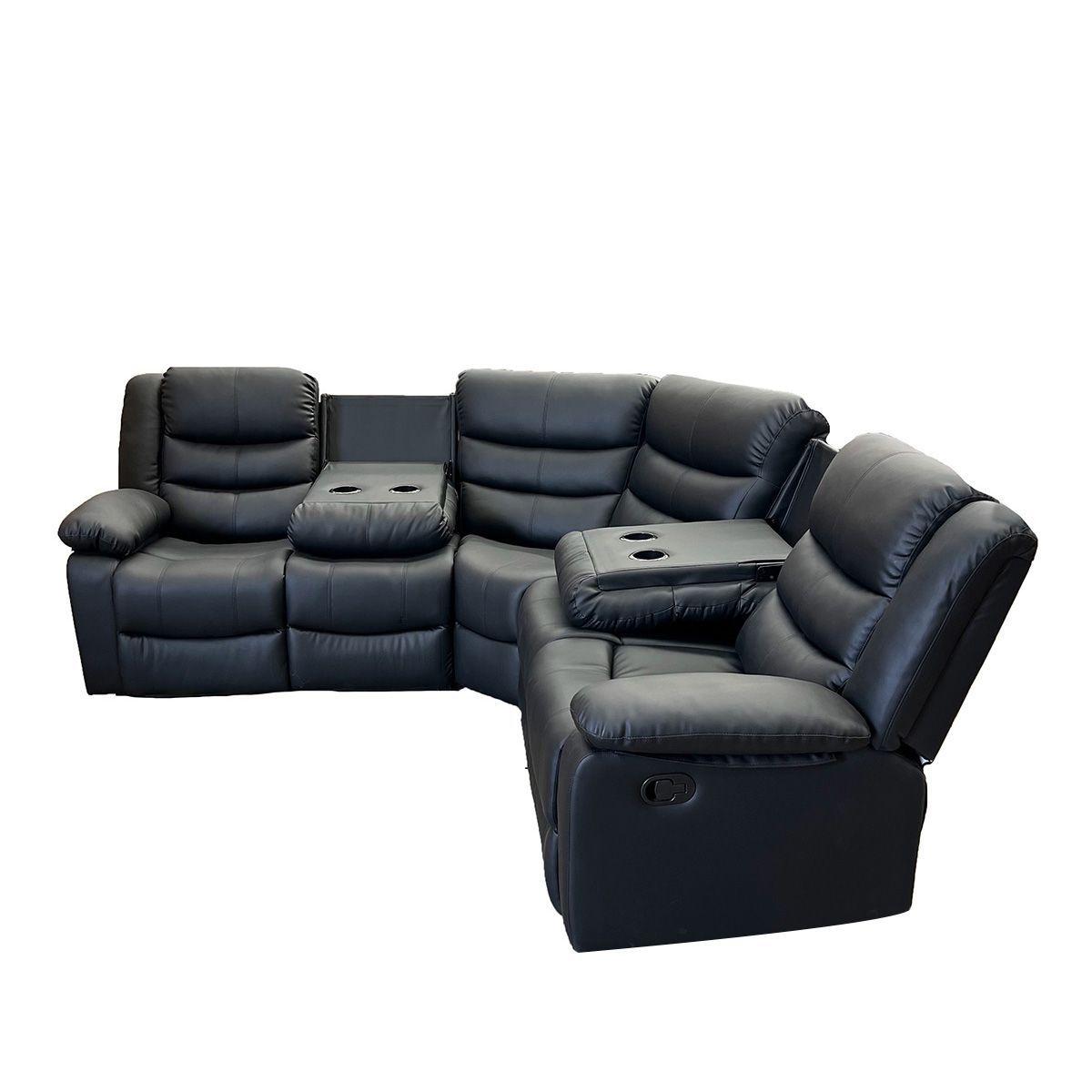 Sofá Seccional Reclinable Doble Vaso Moderno PU Berlín Negro LXH026-2