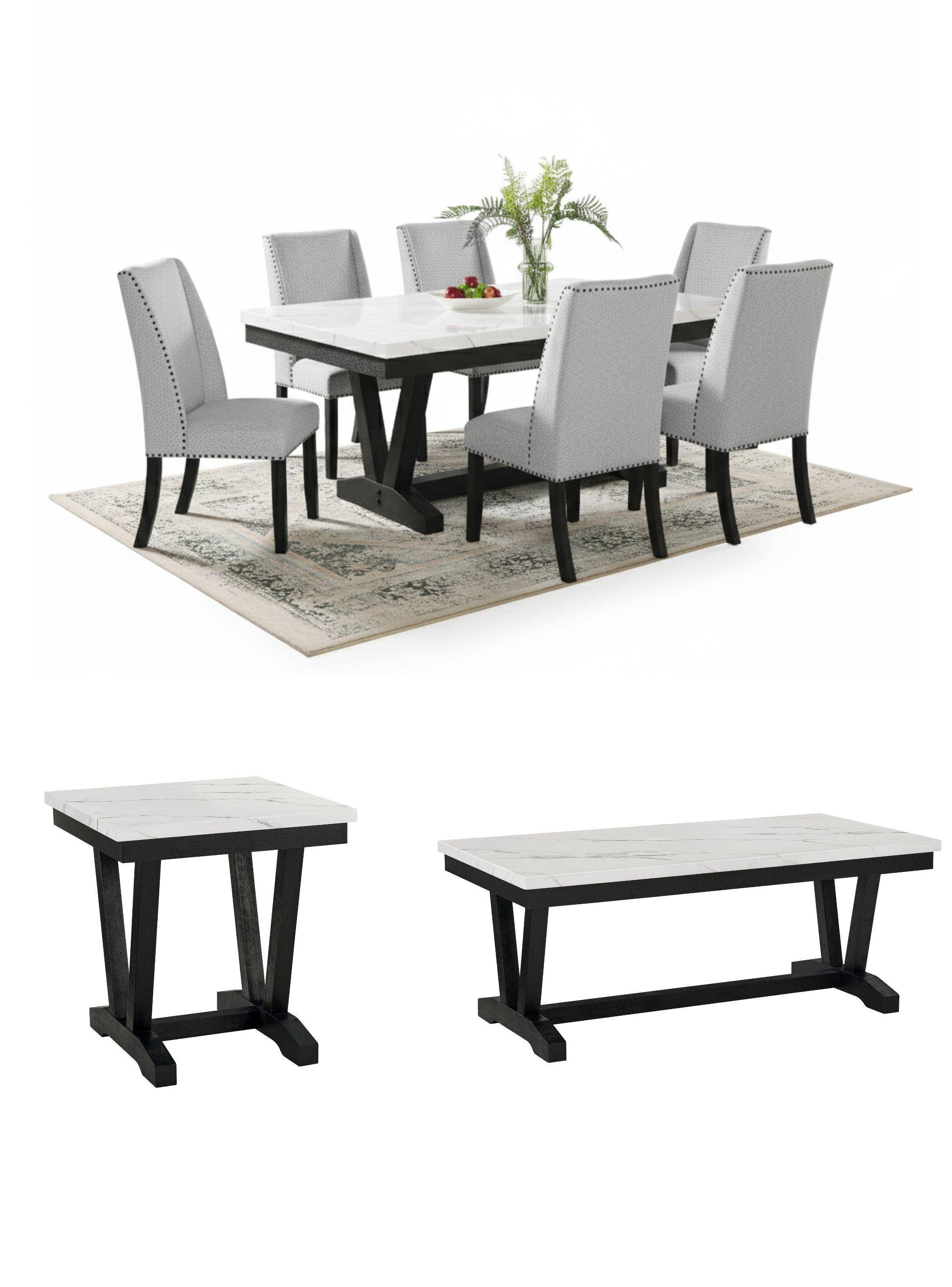 Juego de Comedor 6 Sillas Rodeus + Mesa de Centro + Mesa Lateral Mármol Blanco-1