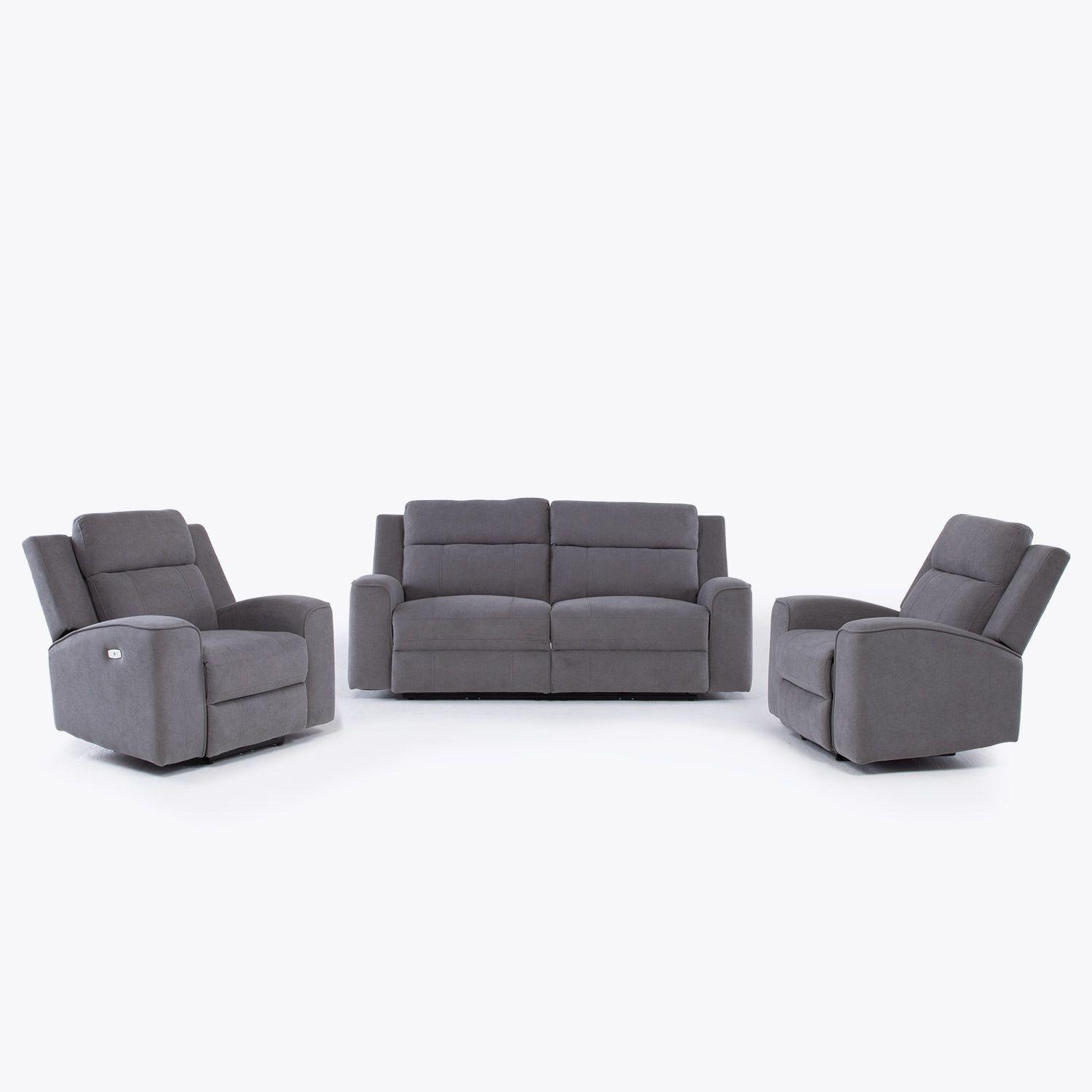 Living Reclinable Sofá 2 Cuerpos + 2 Bergers Eléctricos Montana Gris KM807RS-2