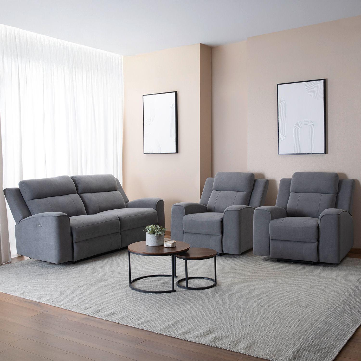 Living Reclinable Sofá 2 Cuerpos + 2 Bergers Eléctricos Montana Gris KM807RS-3