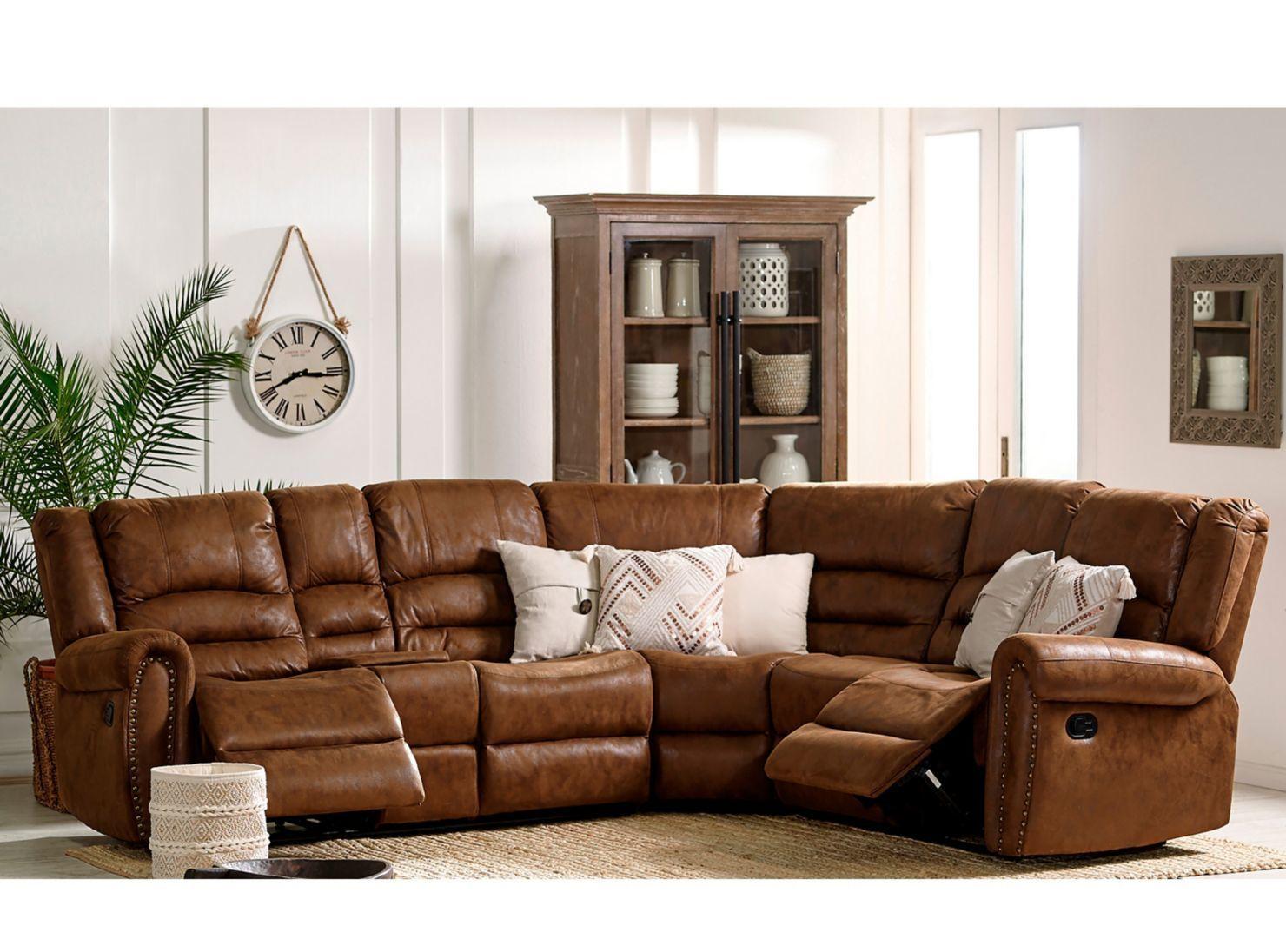 Sofa Seccional Reclinable Porta Vaso Café Cuero Viejo Castle 		-1