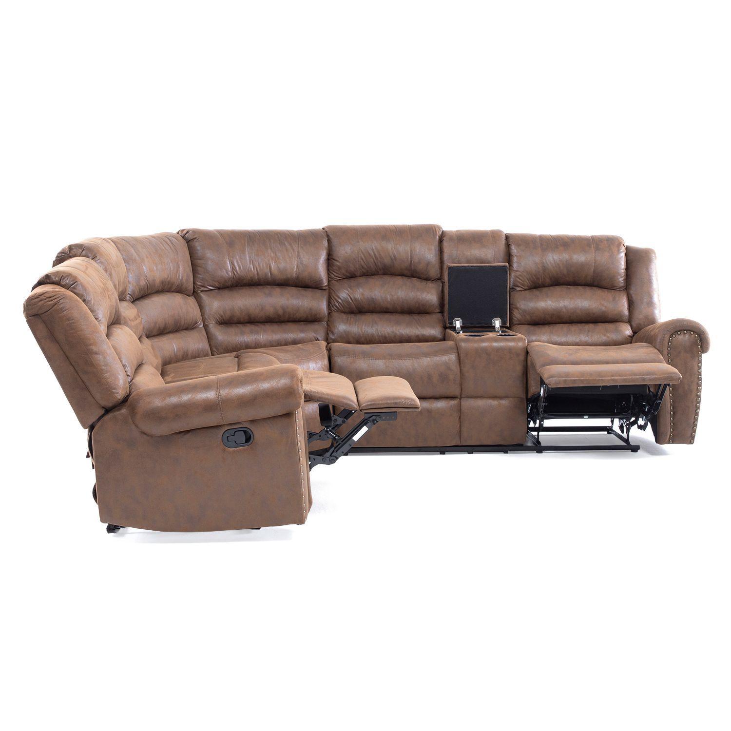 Sofa Seccional Reclinable Porta Vaso Café Cuero Viejo Castle 		-6