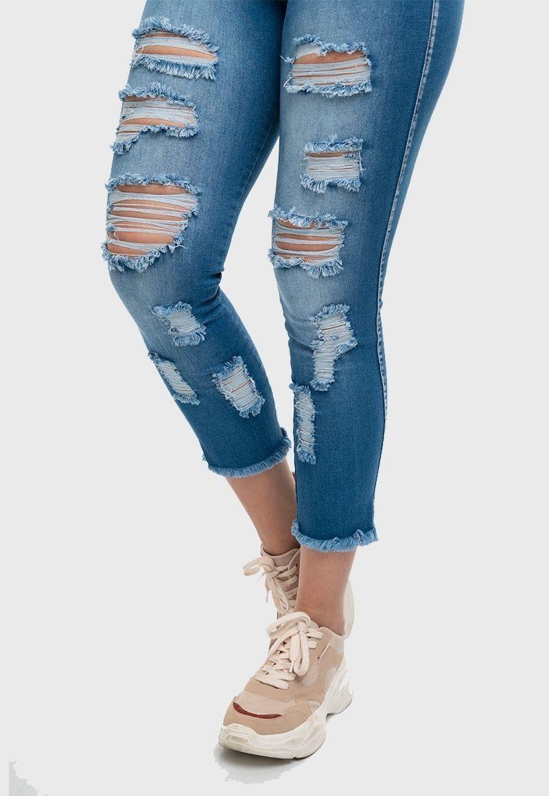 Jeans Mujer Levanta Cola Azul Rasgados Fascinate-2