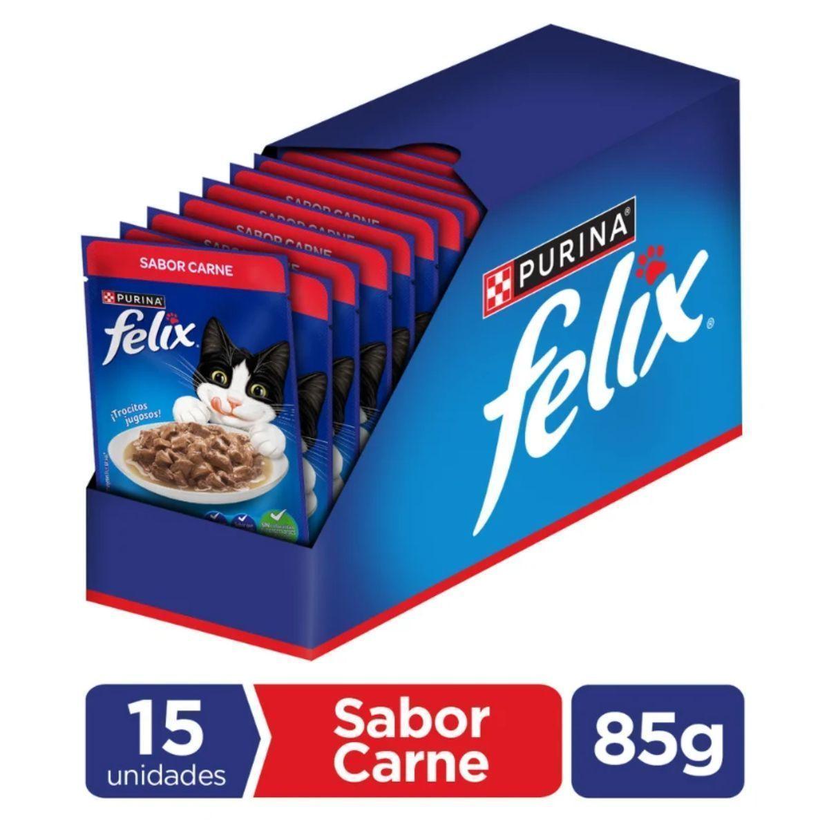 Pack 15 Sobres Alimento Húmedo Gato Félix Trocitos Jugosos Carne 85g-1