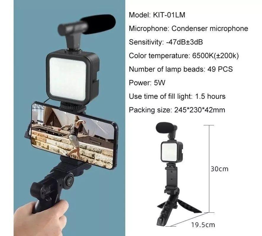 Kit De Grabación Con Micrófono Luz Led Y Soporte Tripode Color Negro-2