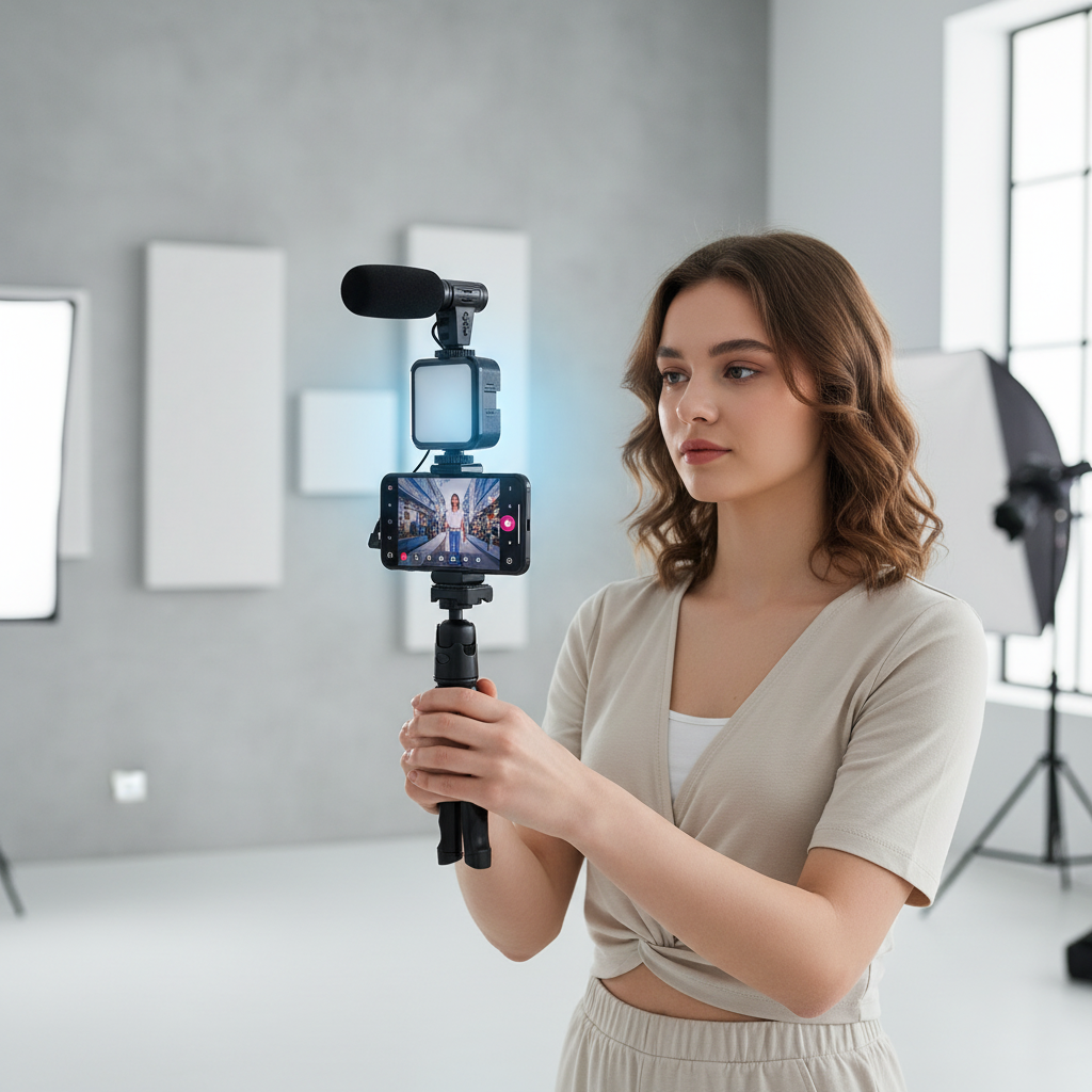 Kit De Grabación Con Micrófono Luz Led Y Soporte Tripode Color Negro-4