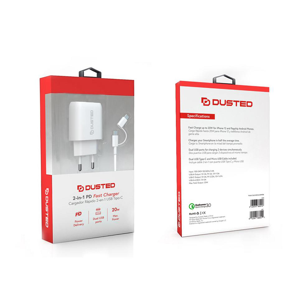 Cargador USB-C PD Carga rapida 20W para iPhone y iPad Dusted con Cable 2en1 Blanco-3