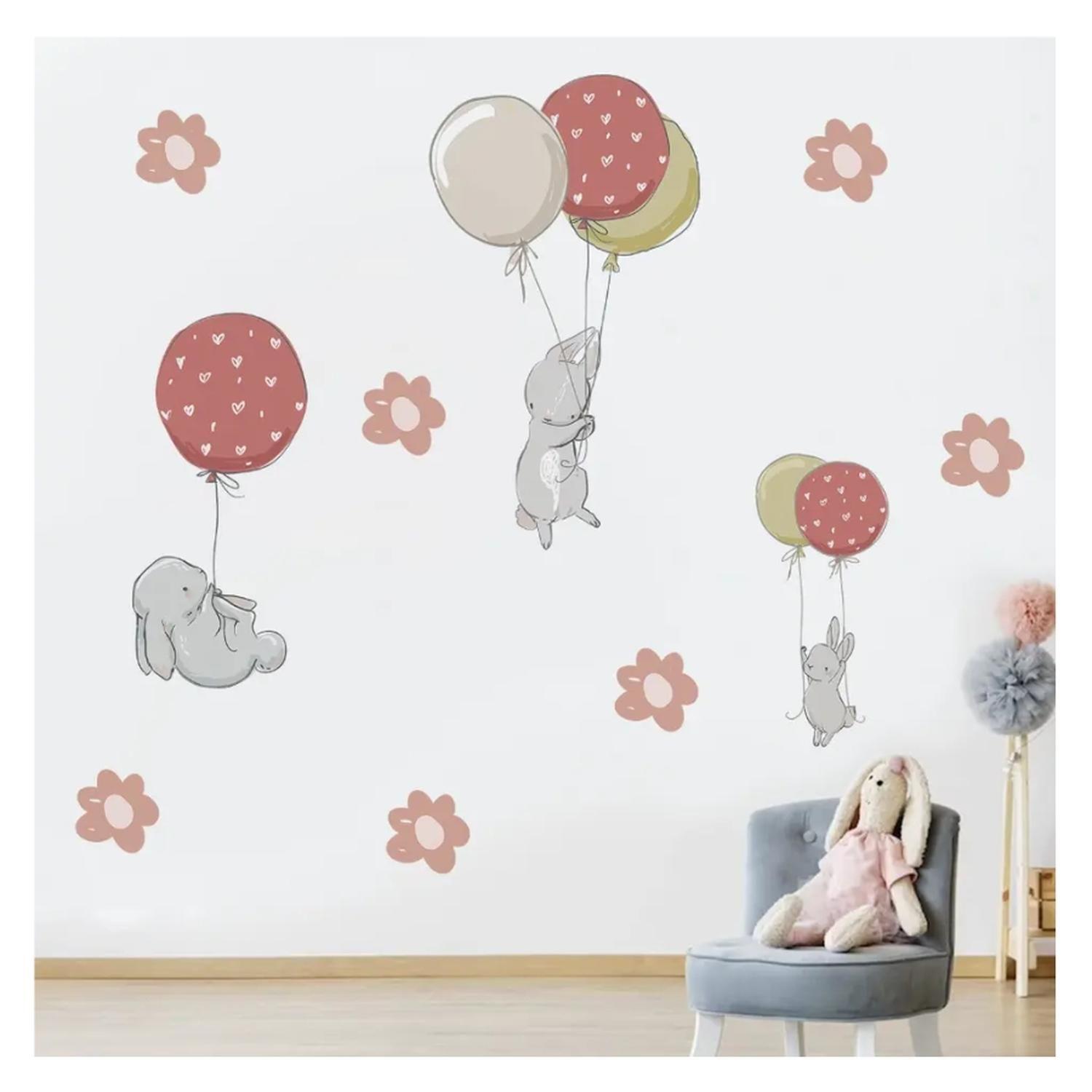 Stickers De Pared Temáticos De Elefantitos Globos y Flores-0