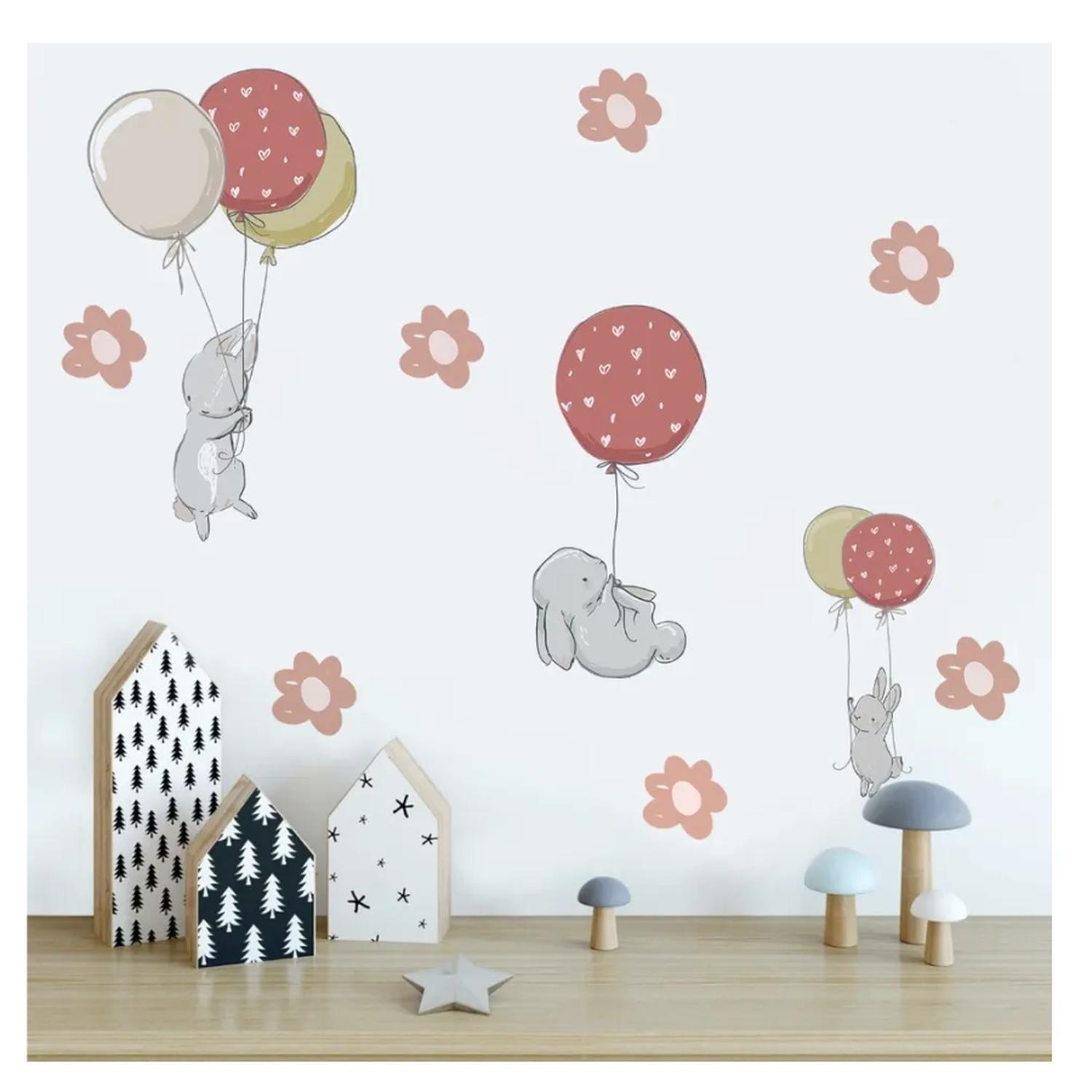 Stickers De Pared Temáticos De Elefantitos Globos y Flores-1