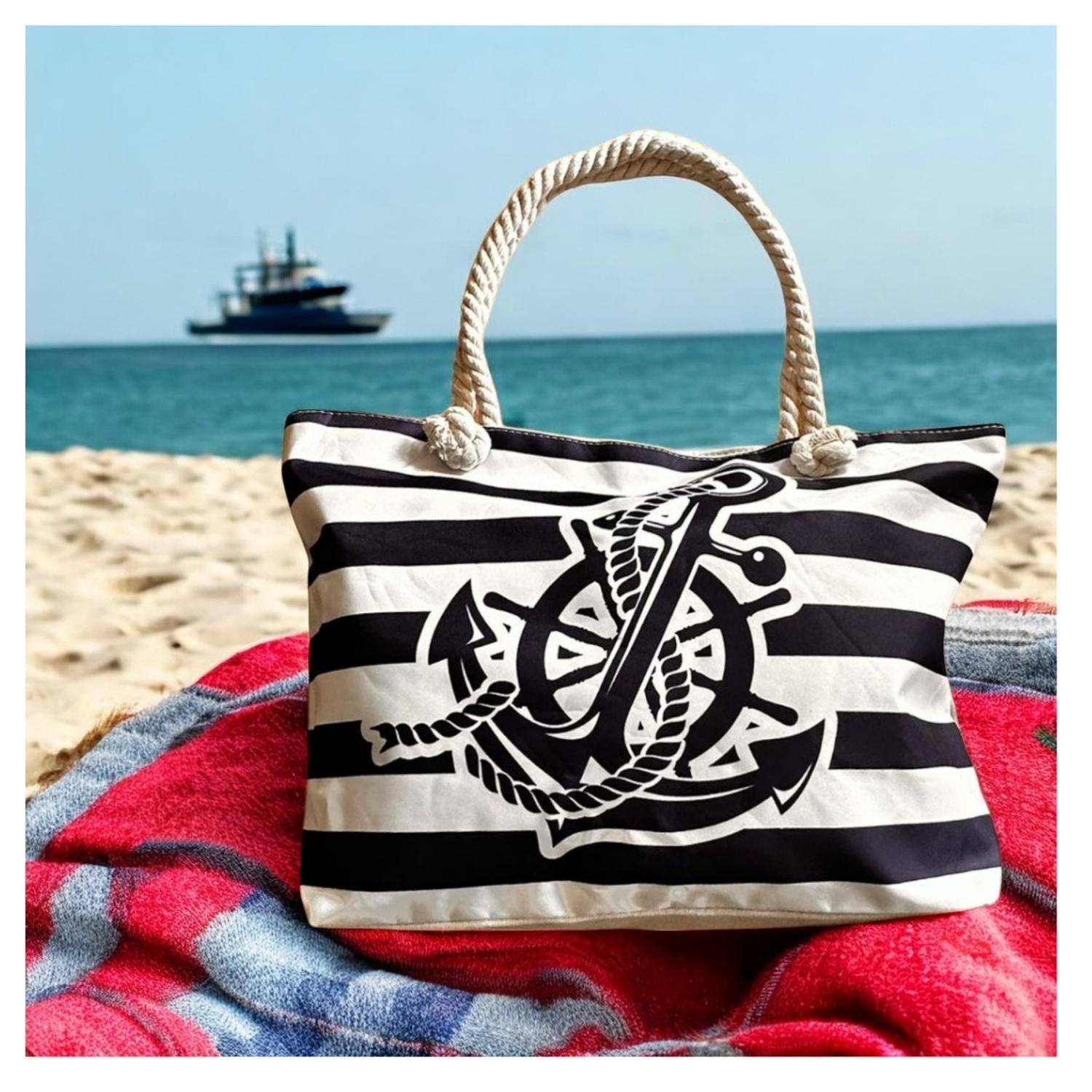 Bolso Playa Lona Algodon Con Cierre Timon Azul-3