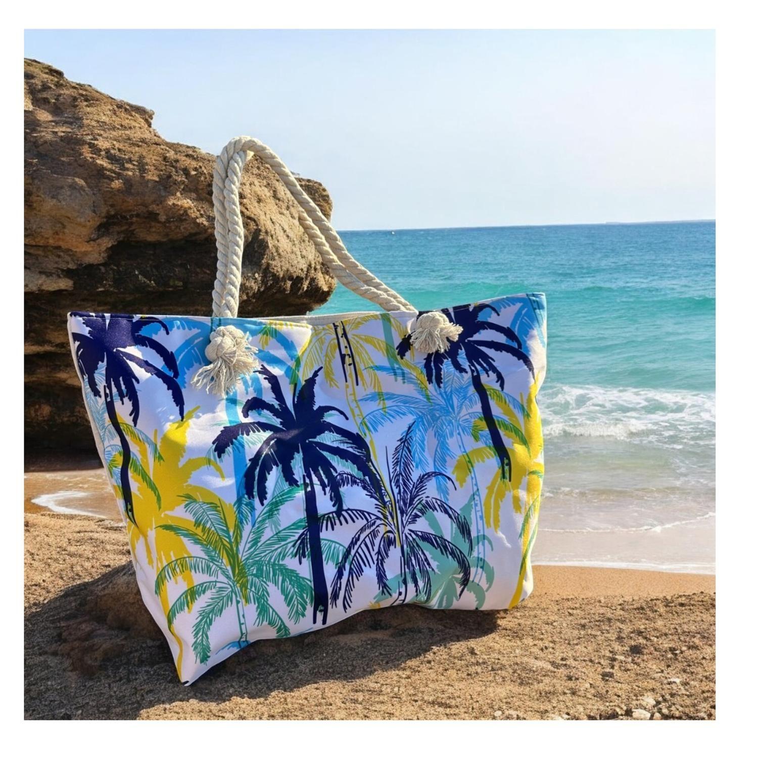 Bolso Playa Lona Algodón Palmeras Colores Cierre Y Bolsillo-2
