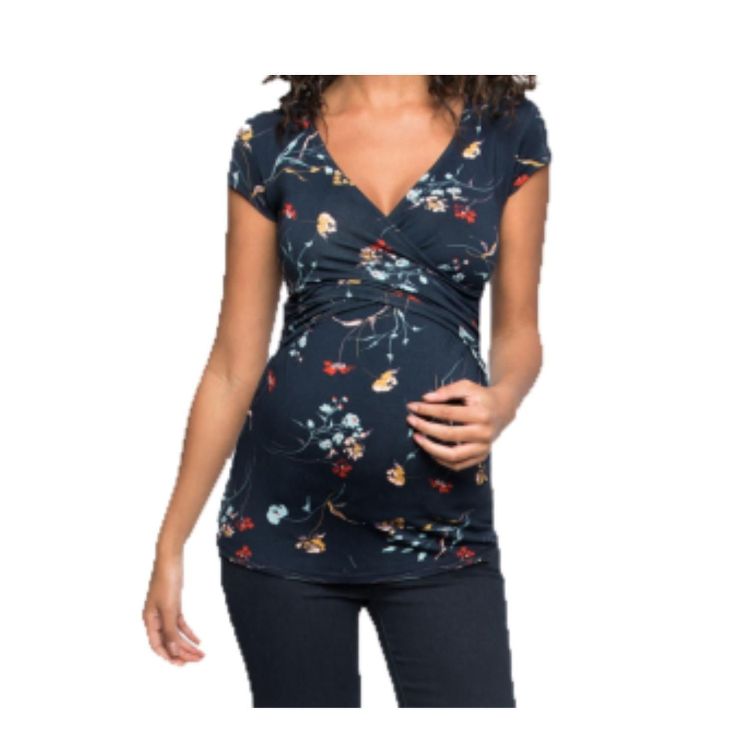 Polera Lactancia Maternidad Manga Corta Dani Floreada Azul-1