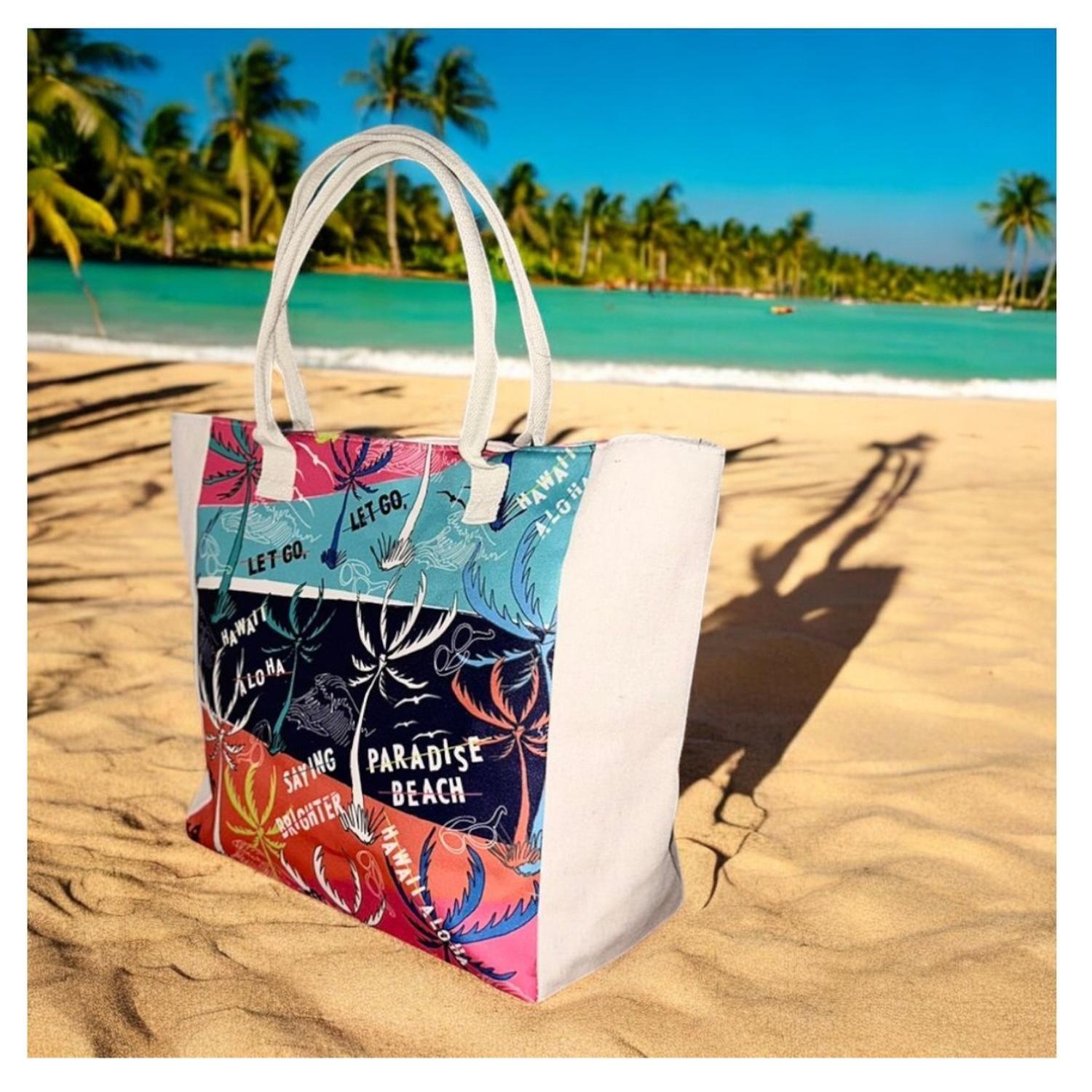 Bolso Playa Lona Algodon Franjas Con Cierre Fuelle Grande-2