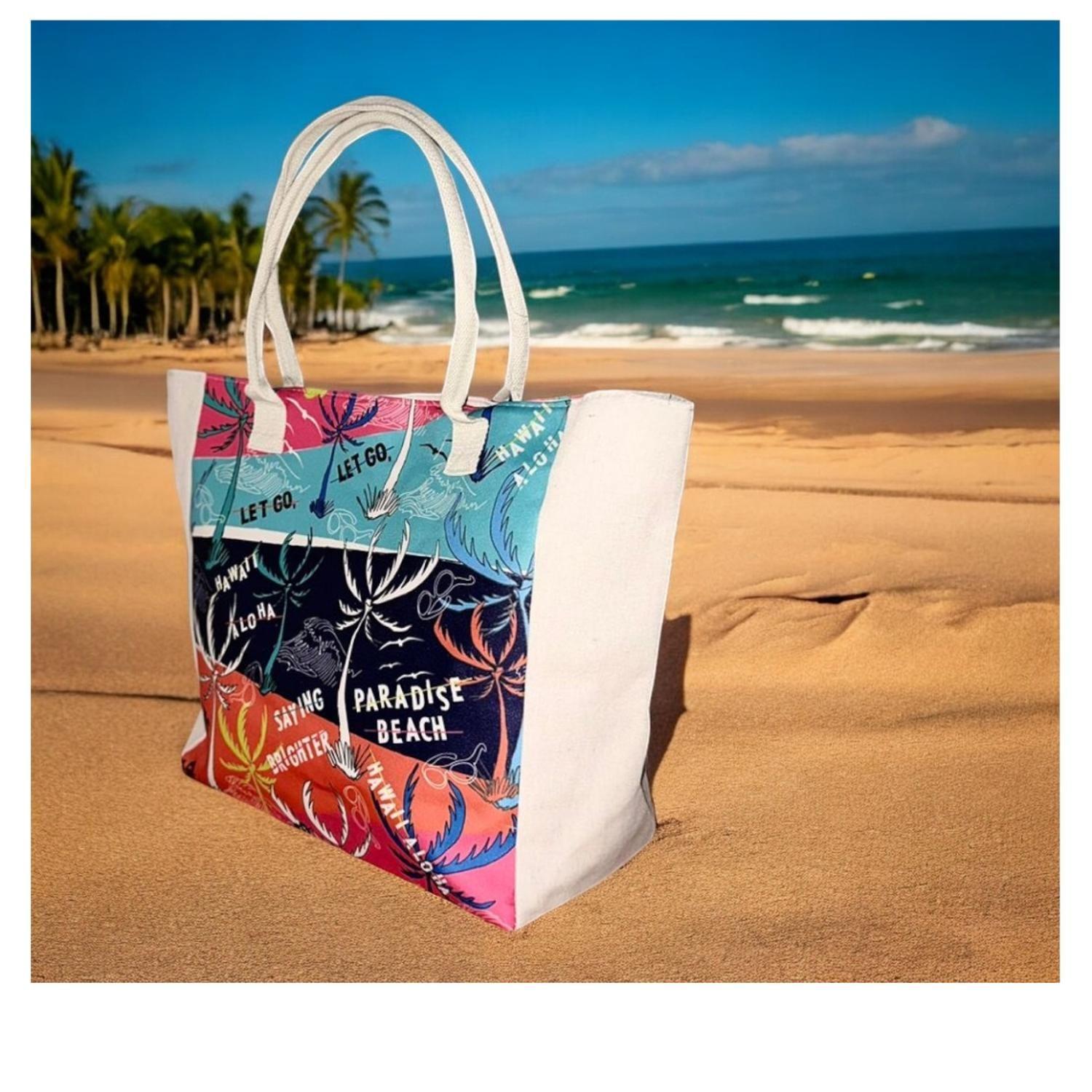 Bolso Playa Lona Algodon Franjas Con Cierre Fuelle Grande-4