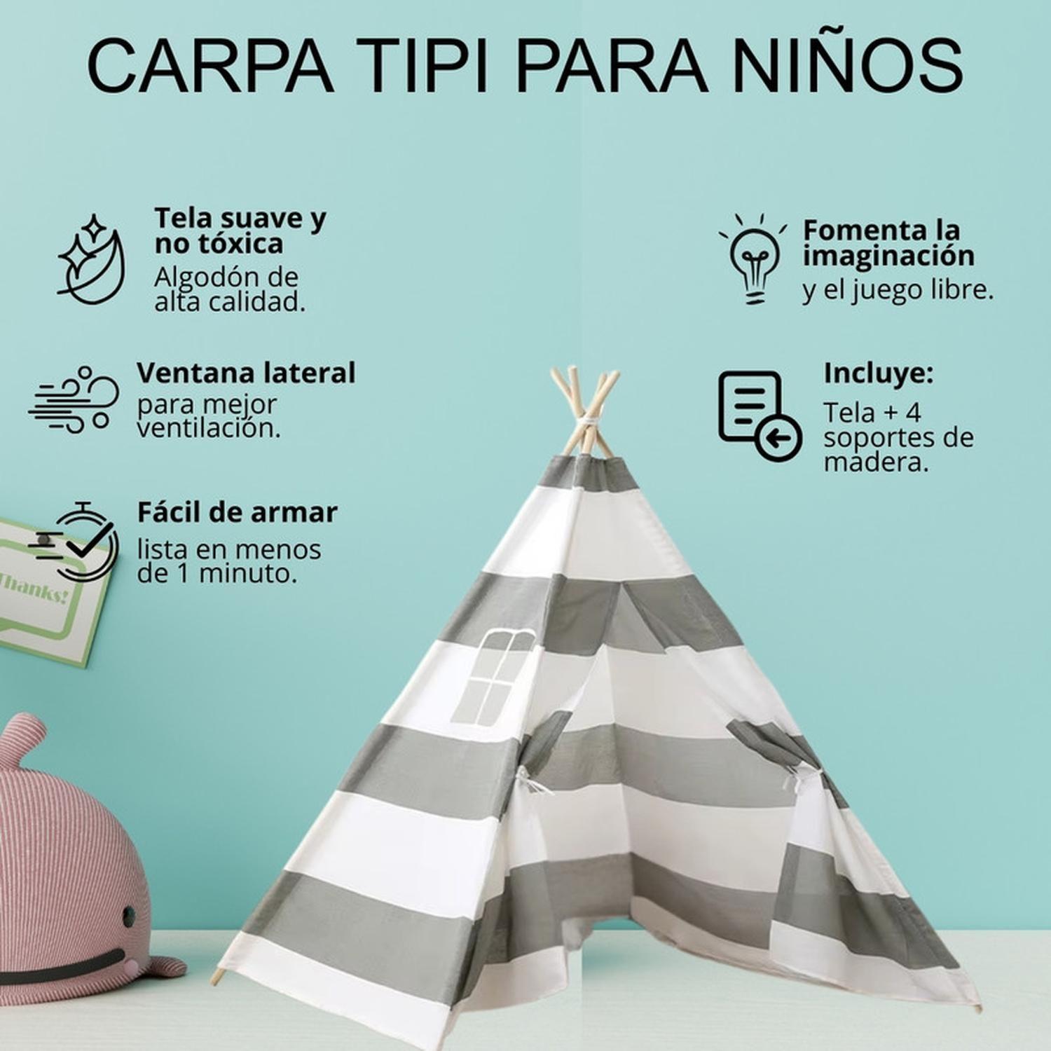 Carpa Tipi Niños Infantil 160 Cm Rayas Gris Decoración-2