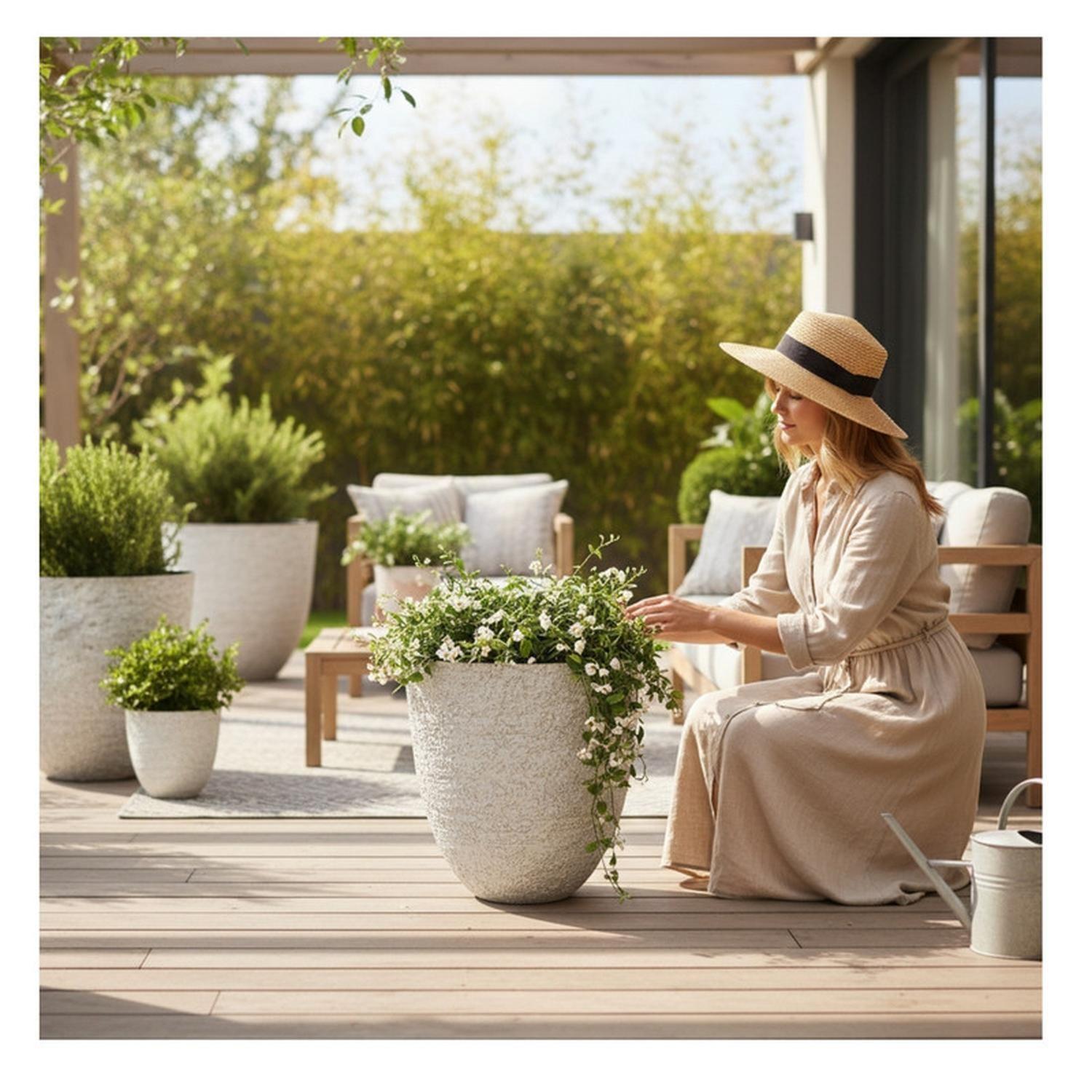 Macetero Decorativo Símil Piedra Gris Jardín Terraza-2