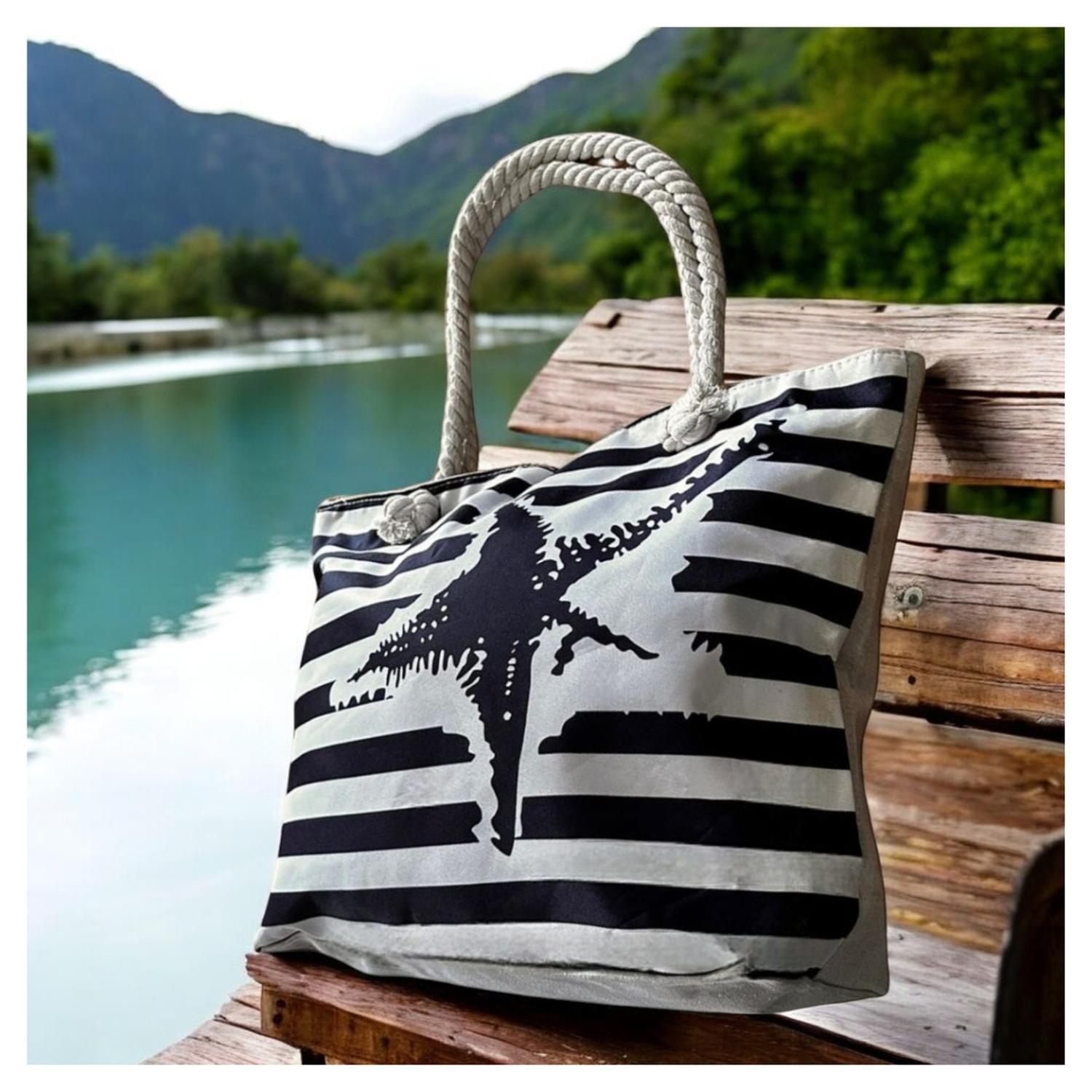 Bolso Playa Lona Algodon Con Cierre Estrella Azul-3