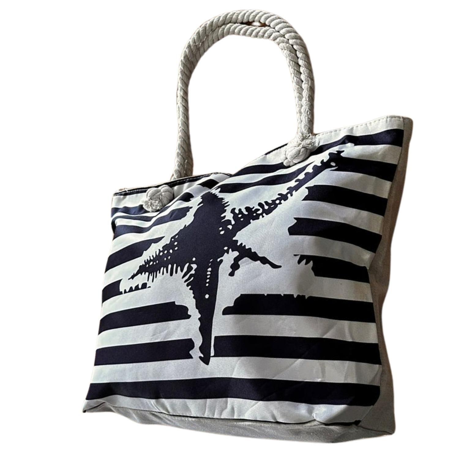 Bolso Playa Lona Algodon Con Cierre Estrella Azul-4