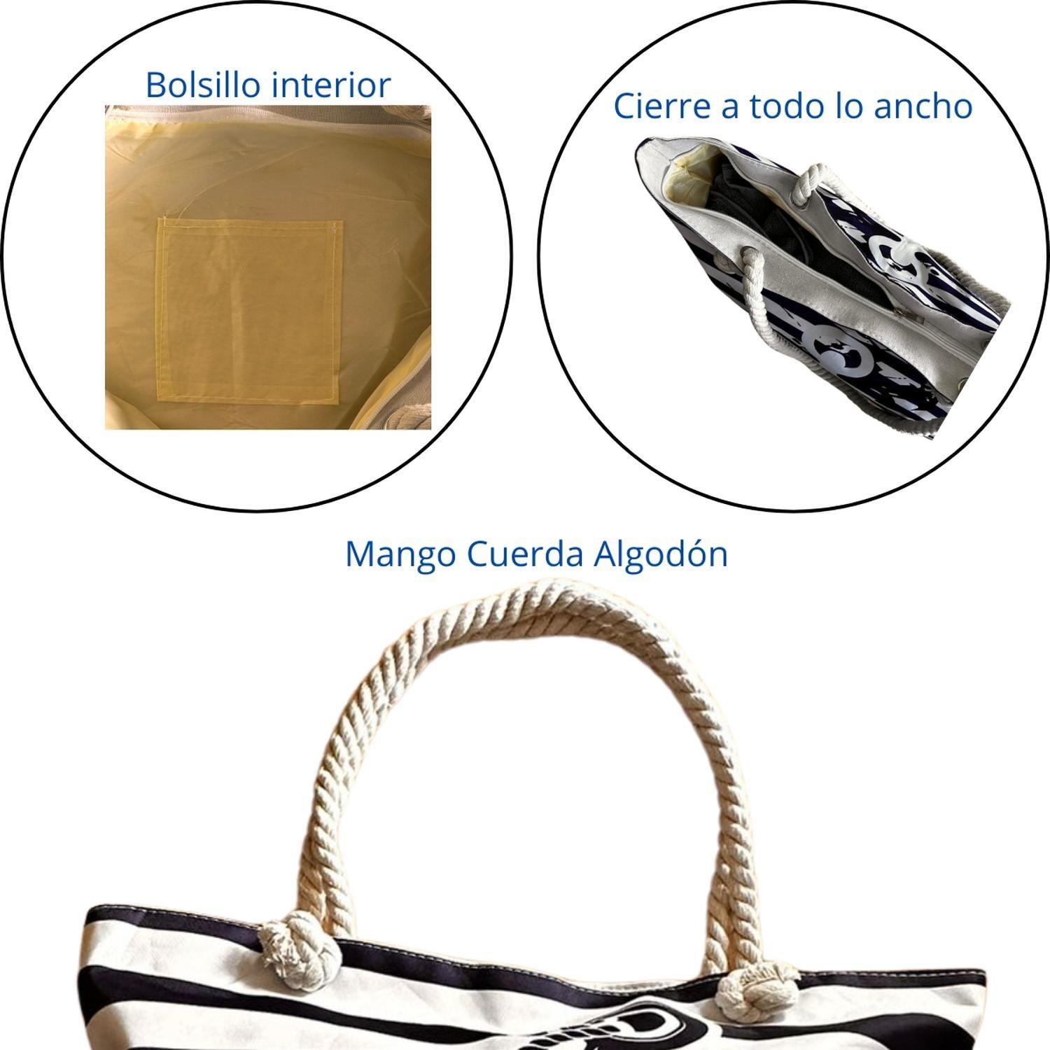 Bolso Playa Lona Algodon Con Cierre Estrella Azul-6