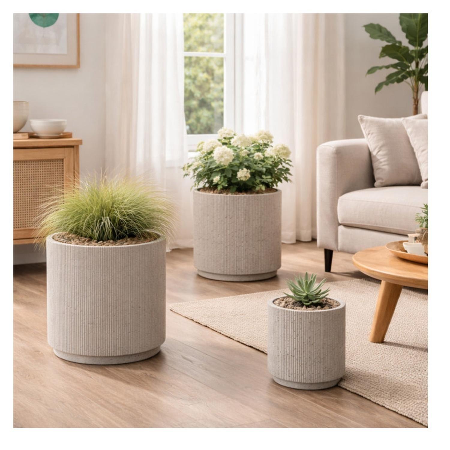 Macetero Cilíndrico Texturizado Blanco Pack 3 Unidades-2