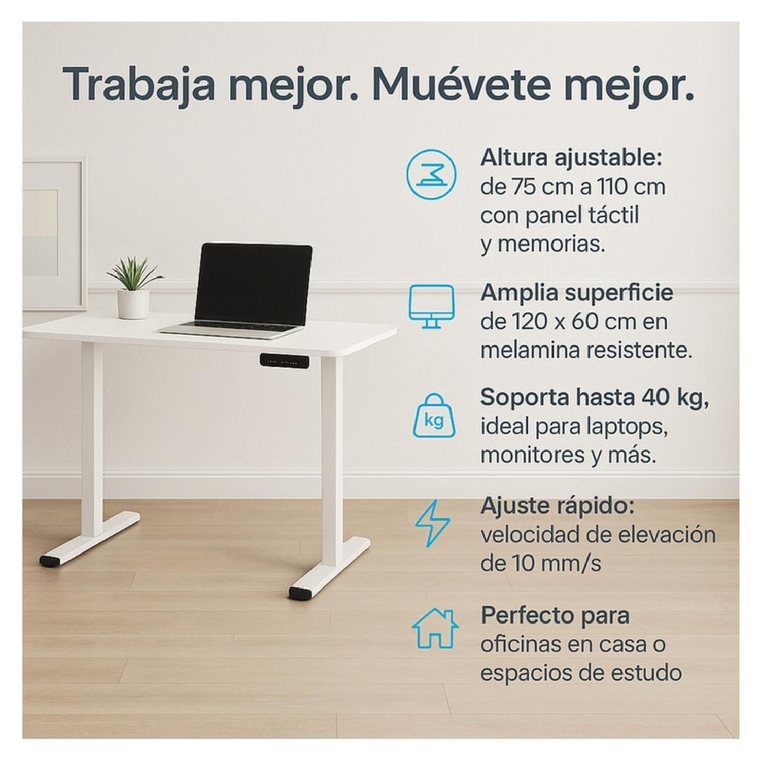 Escritorio Electrico Altura Ajustable Blanco Oficina 120X60 Cm Moderno-3