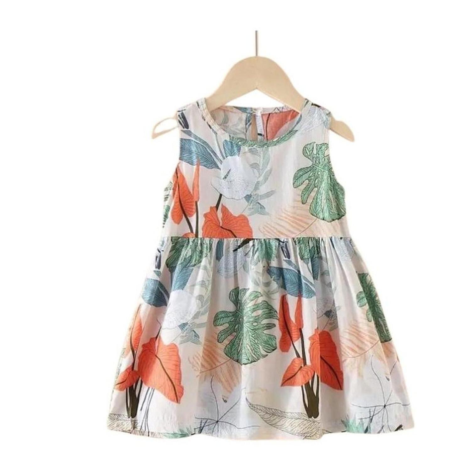 Vestido Niña Sin Mangas Algodon Verano Estampado Hojitas-4