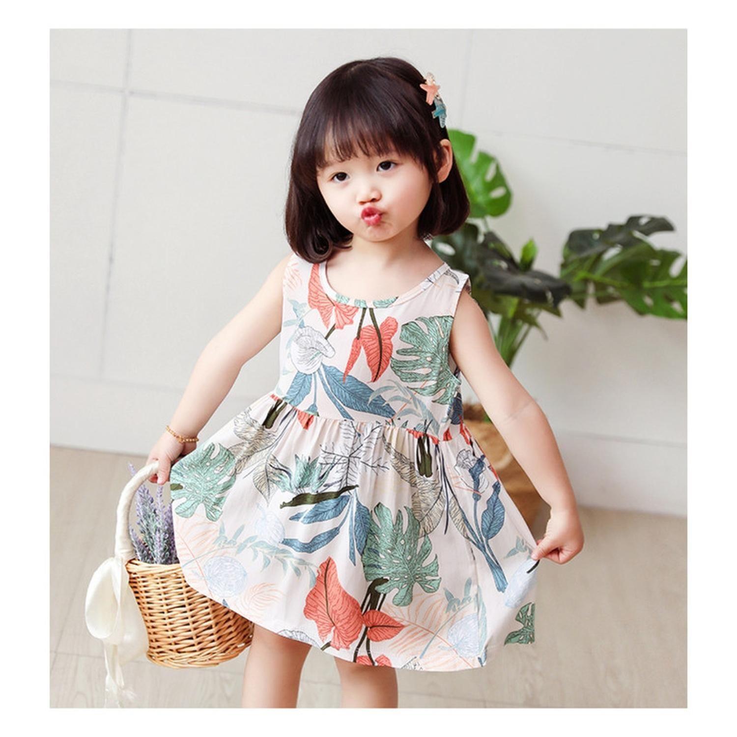 Vestido Niña Sin Mangas Algodon Verano Estampado Hojitas-5