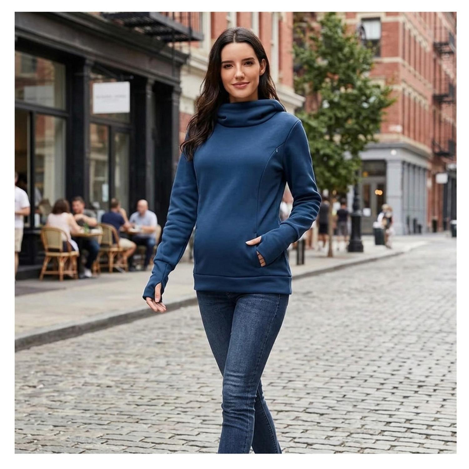 Polerón Lactancia Maternidad Bolsillo y Capucha Azul-5