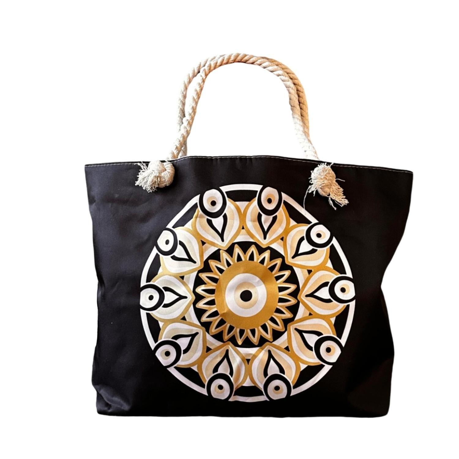 Bolso Playa Lona Algodón Negro Con Cierre Y Bolsillo-0