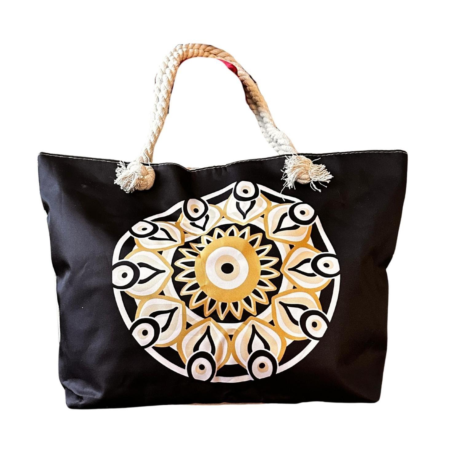 Bolso Playa Lona Algodón Negro Con Cierre Y Bolsillo-3