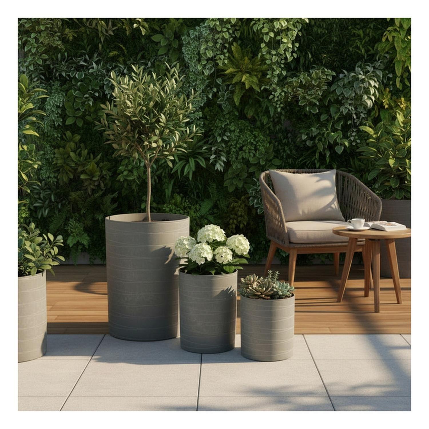 Macetero Texturizado Cilíndrico Gris Pack 3 Unidades-2