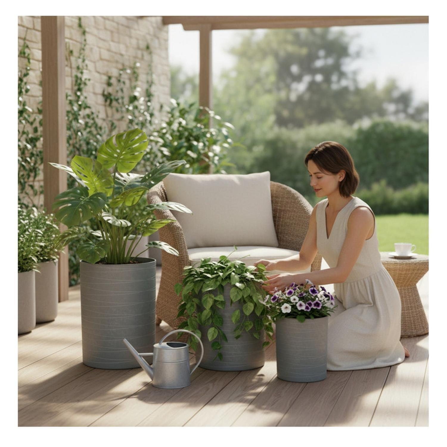 Macetero Texturizado Cilíndrico Gris Pack 3 Unidades-5