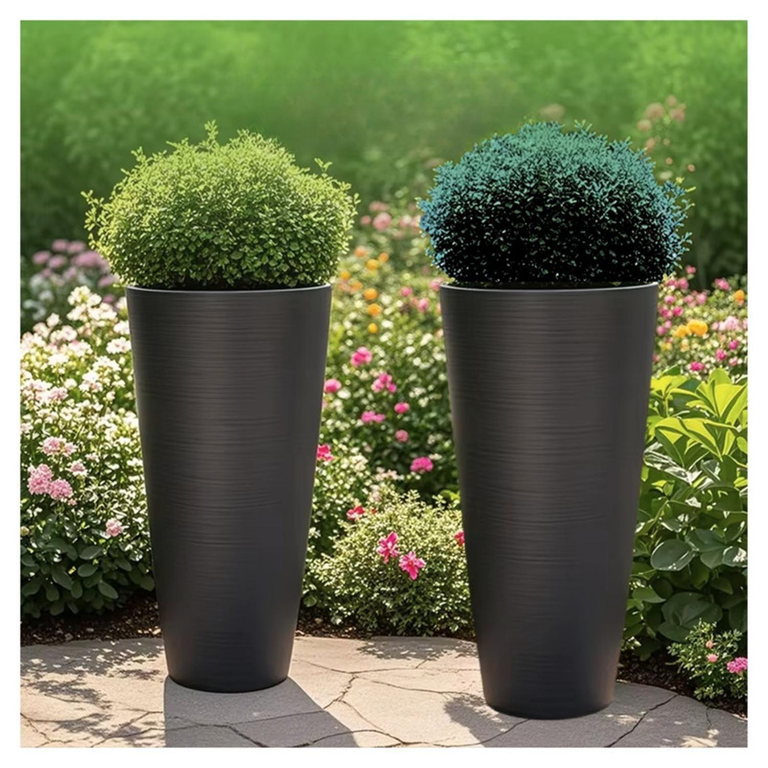 Macetero Alto Redondo Texturizado Gris Exterior Interior-5