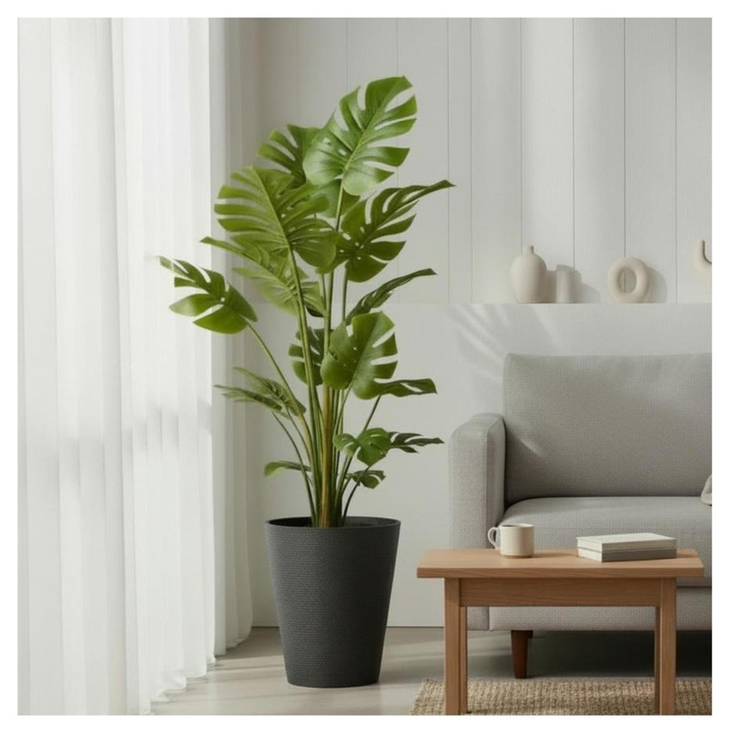 Macetero Alto Redondo Texturizado Gris Exterior Interior-6