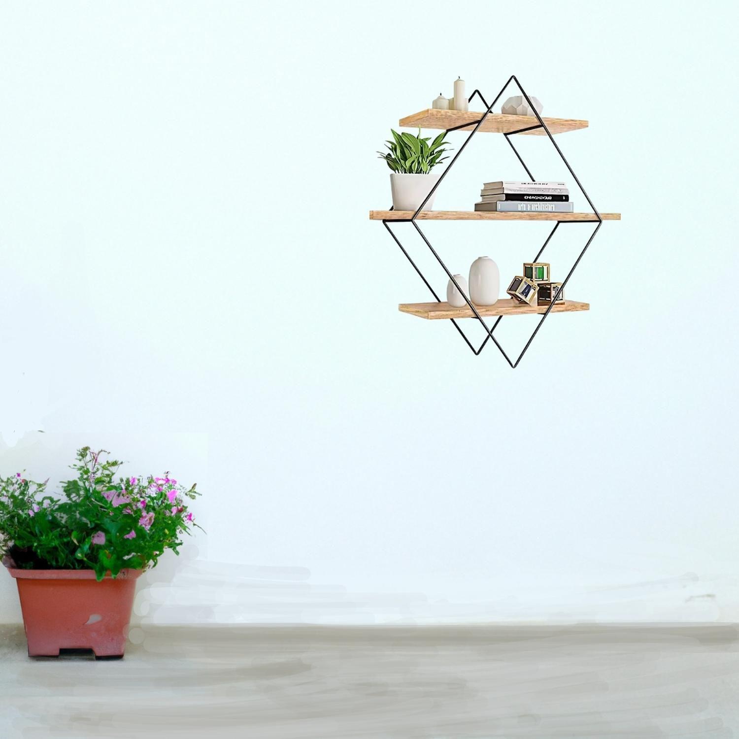 Repisa Flotante Fierro Madera Rombo Decoracion 40x50x10 cm-3