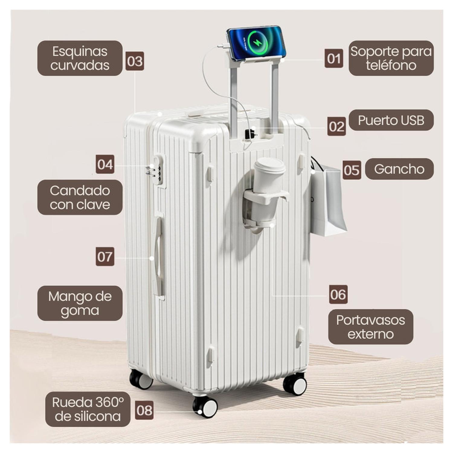 Maleta Tapa Dura Moderna 57x35x23 cm Porta Vaso USB Blanca-4