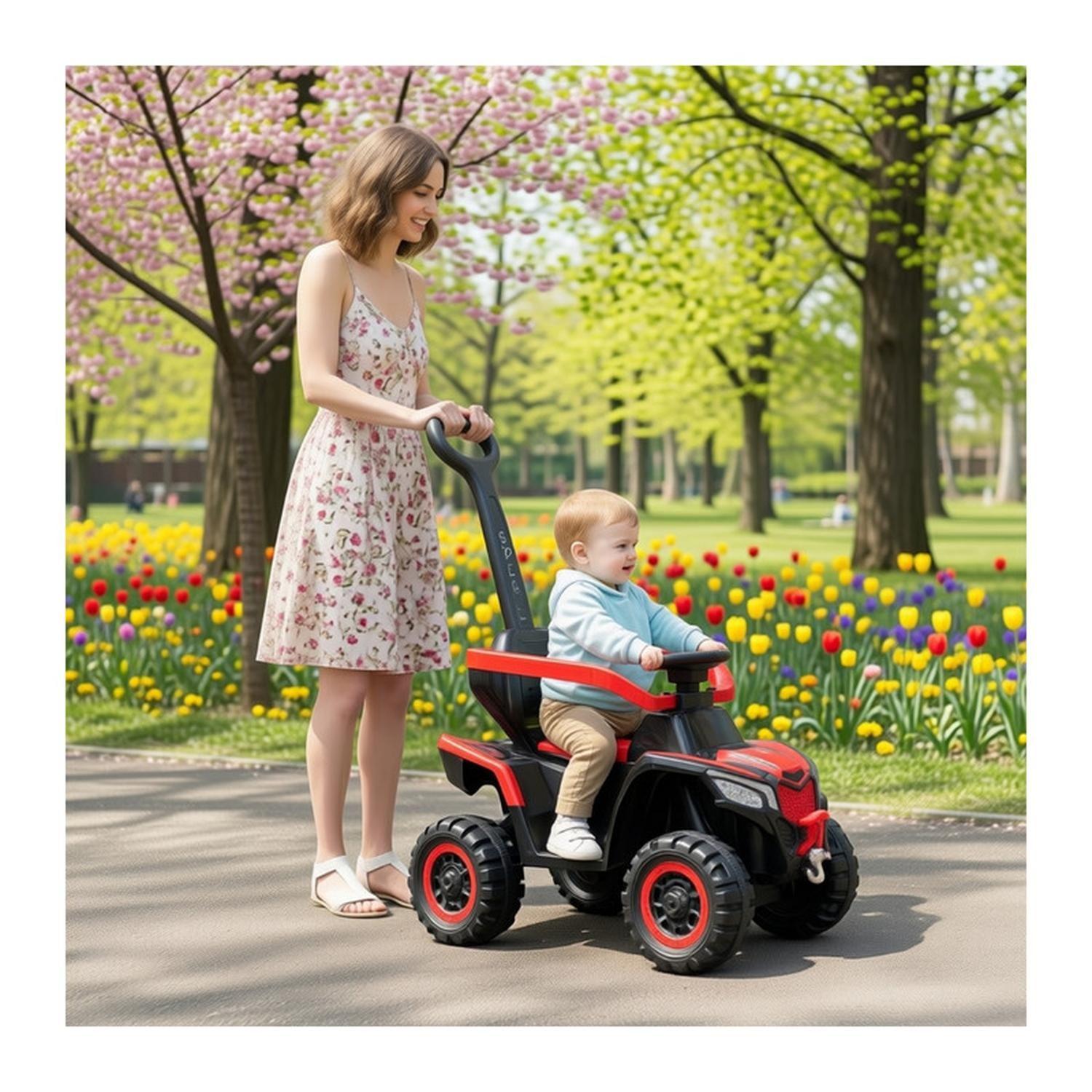 Auto Eléctrico Infantil 3en1 Con Manilla Correpasillo Rojo-2