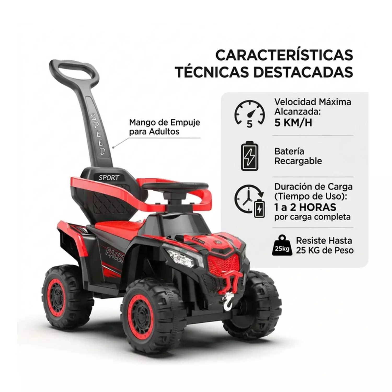 Auto Eléctrico Infantil 3en1 Con Manilla Correpasillo Rojo-3