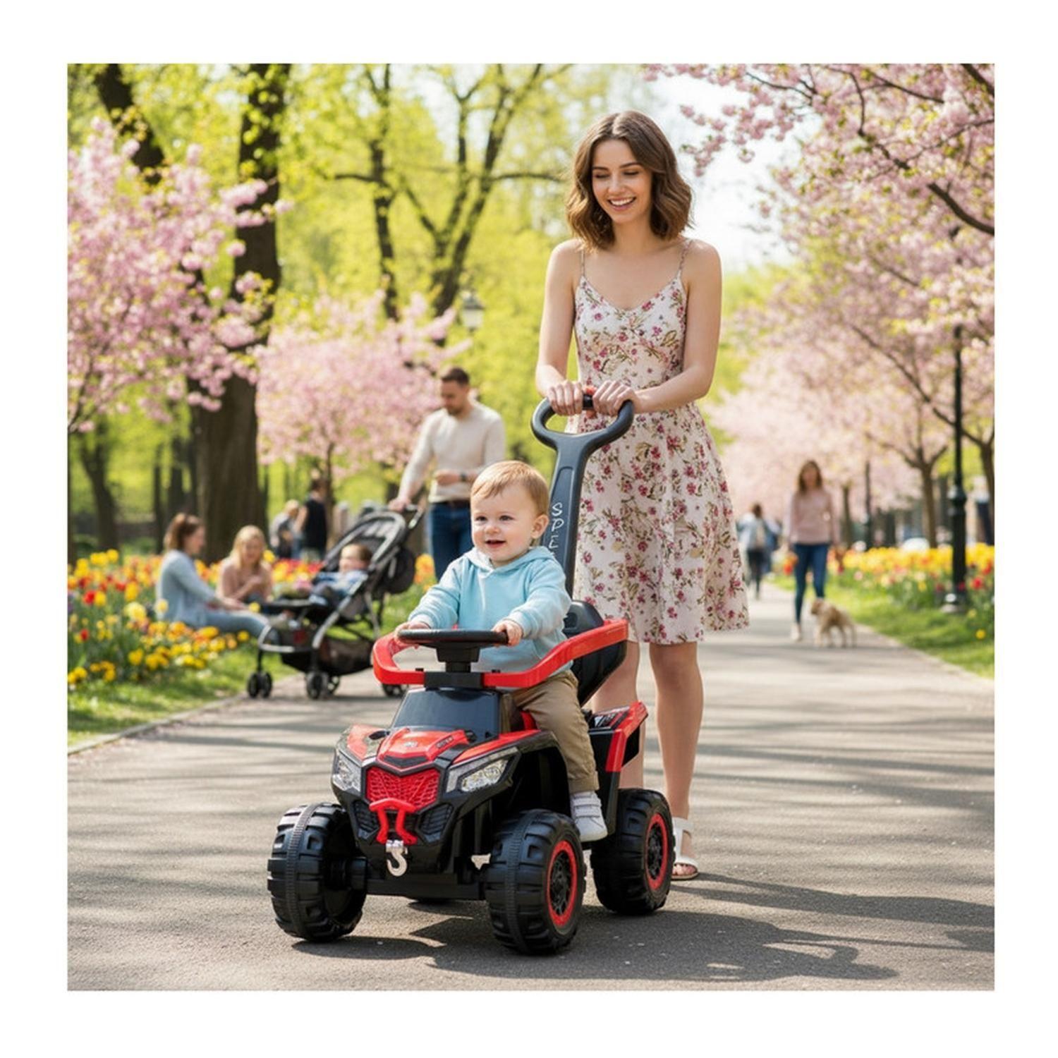 Auto Eléctrico Infantil 3en1 Con Manilla Correpasillo Rojo-4