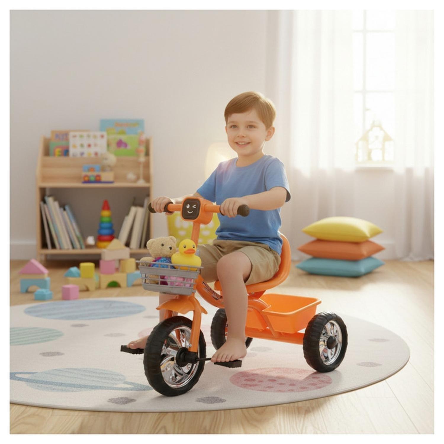 Triciclo Infantil Bici Musical Con Canasto y Respaldo Naranjo-3