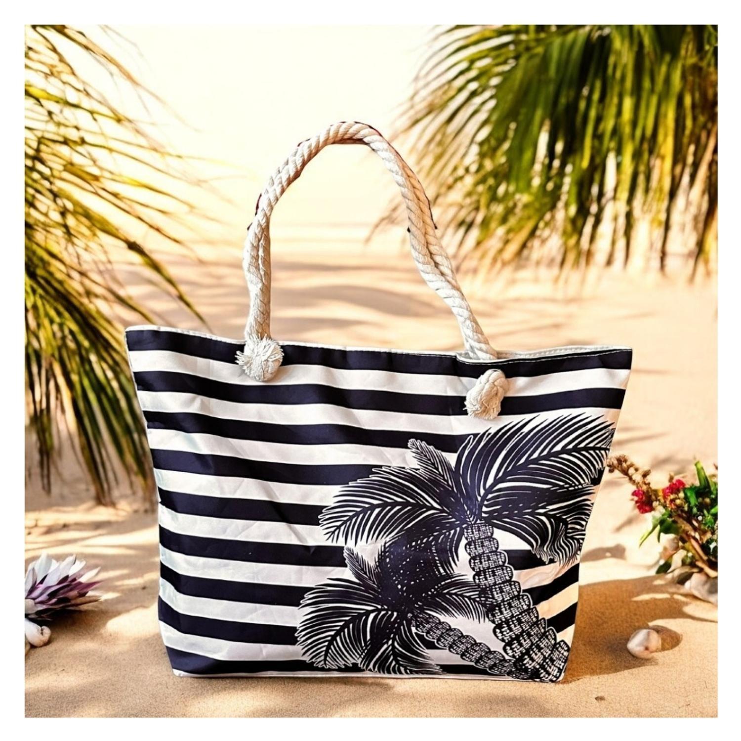 Bolso Playa Lona Algodon Con Cierre Caribe Azul-3