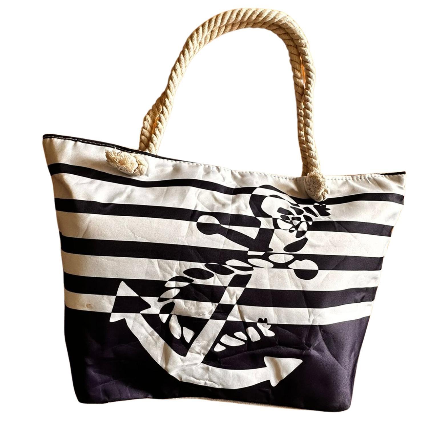 Bolso Playa Lona Algodon Con Cierre Ancla Azul-2