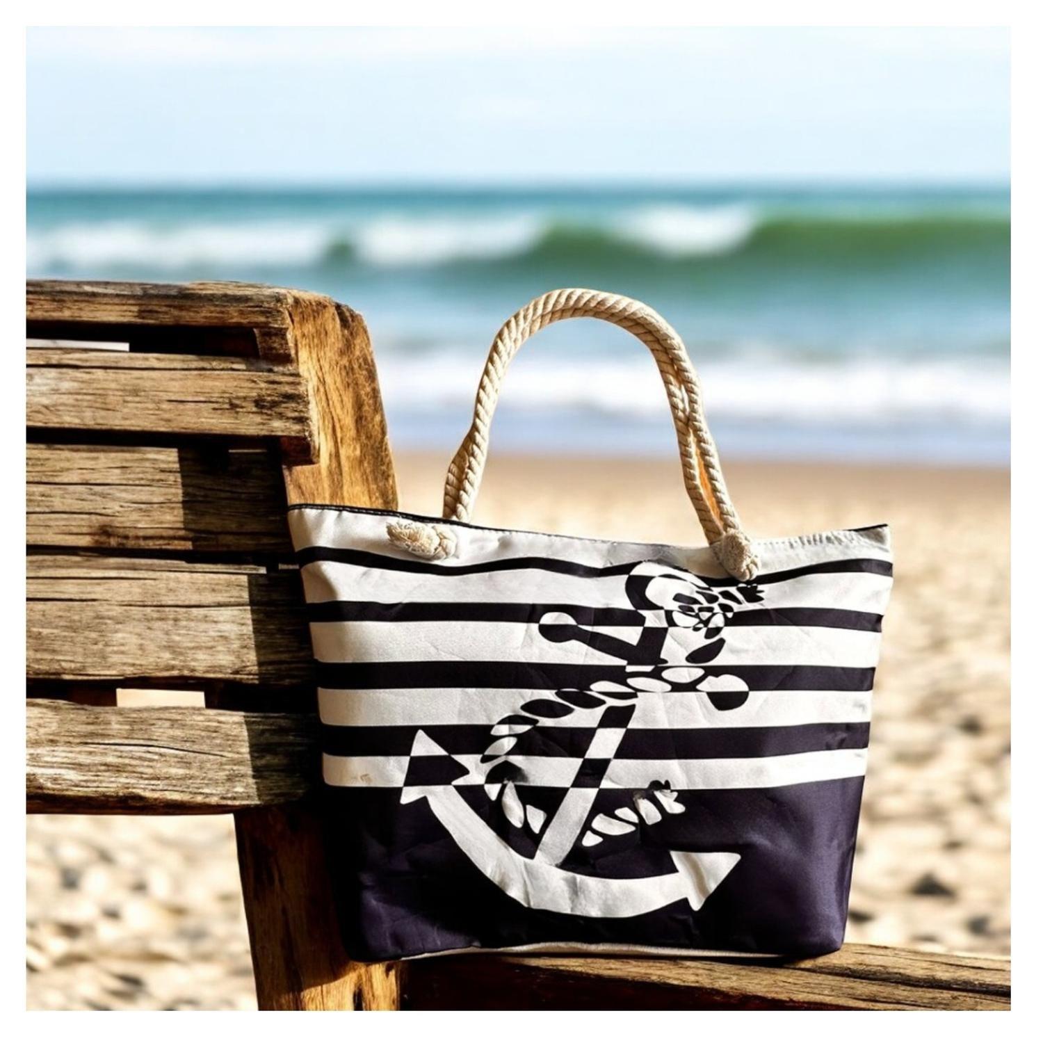 Bolso Playa Lona Algodon Con Cierre Ancla Azul-3