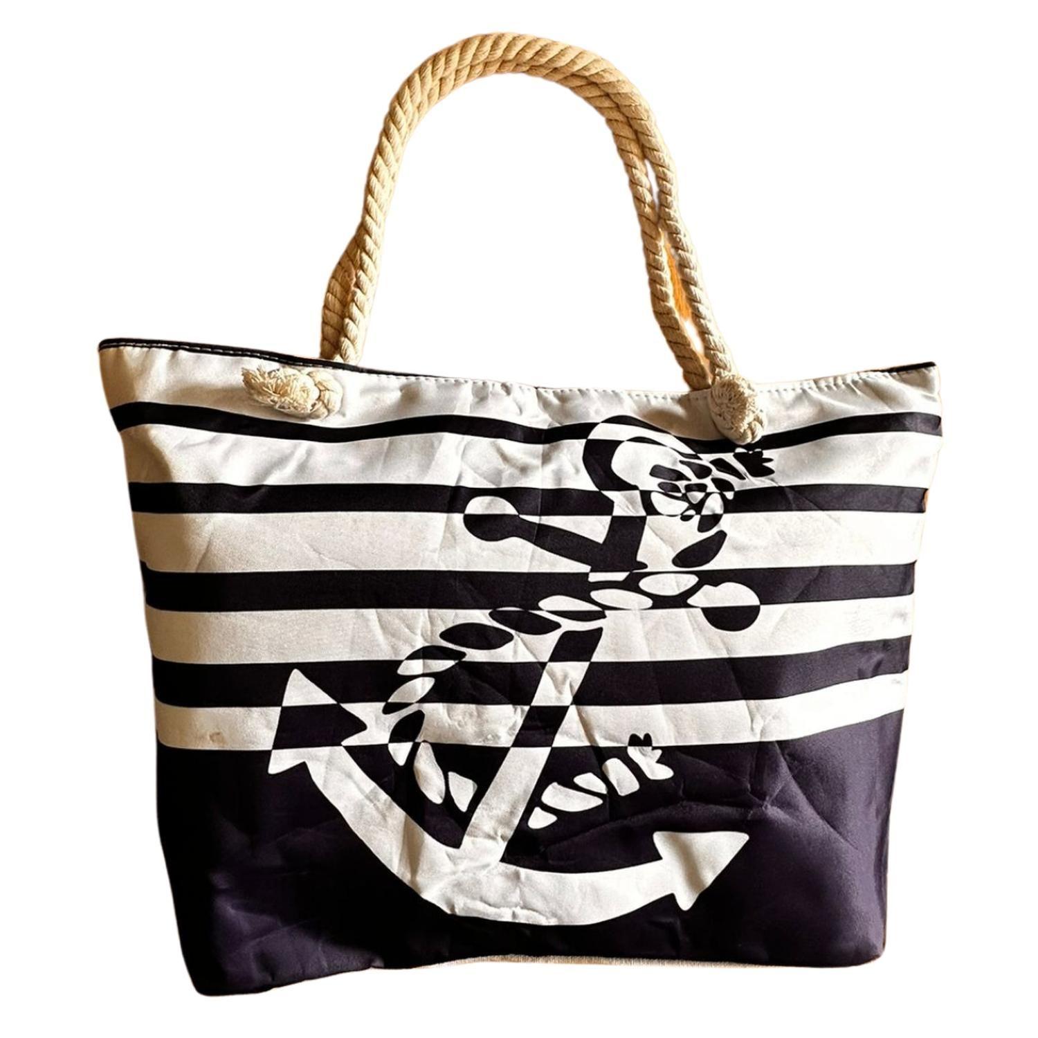 Bolso Playa Lona Algodon Con Cierre Ancla Azul-5