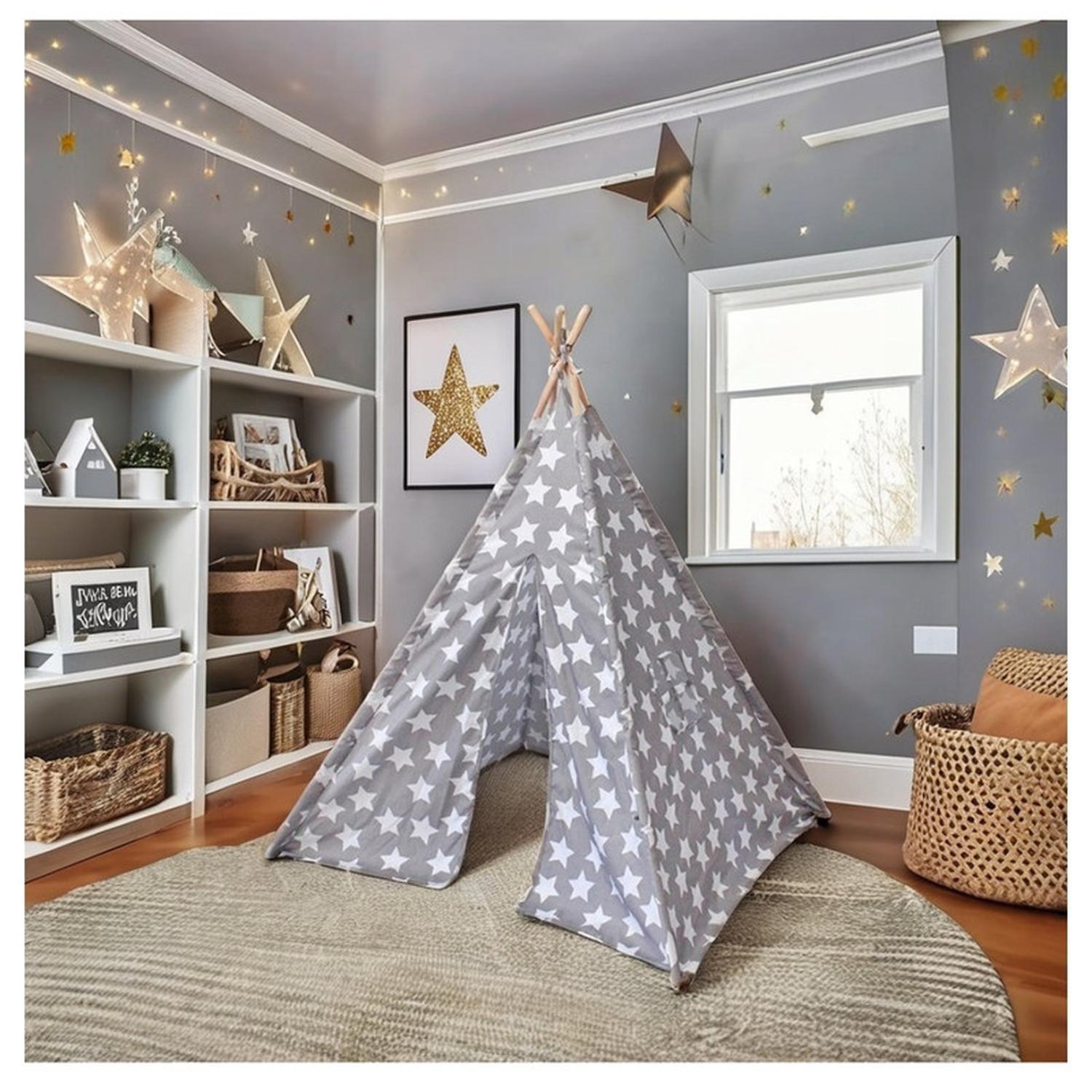 Carpa Tipi Niños Infantil 160 Cm Estrellas Gris Decoración-3
