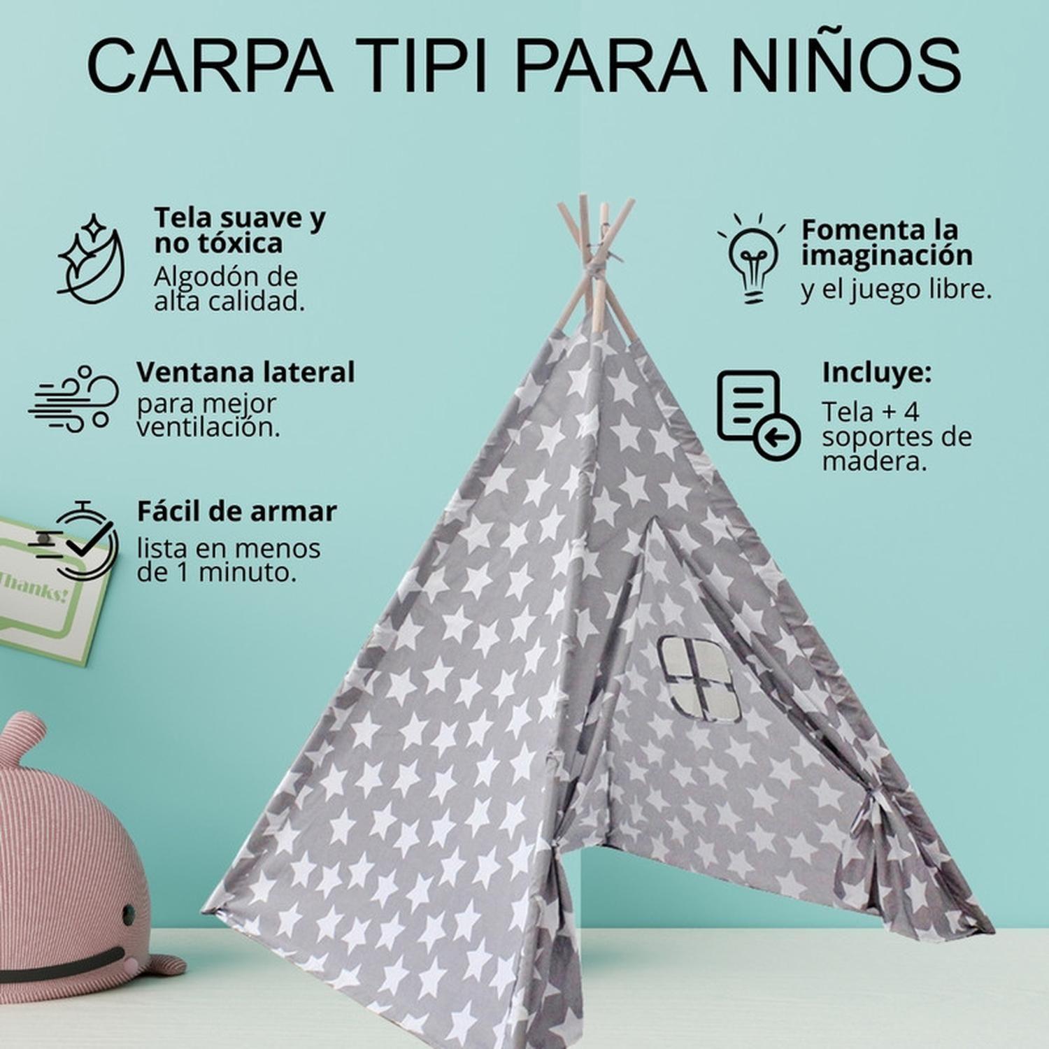 Carpa Tipi Niños Infantil 160 Cm Estrellas Gris Decoración-4