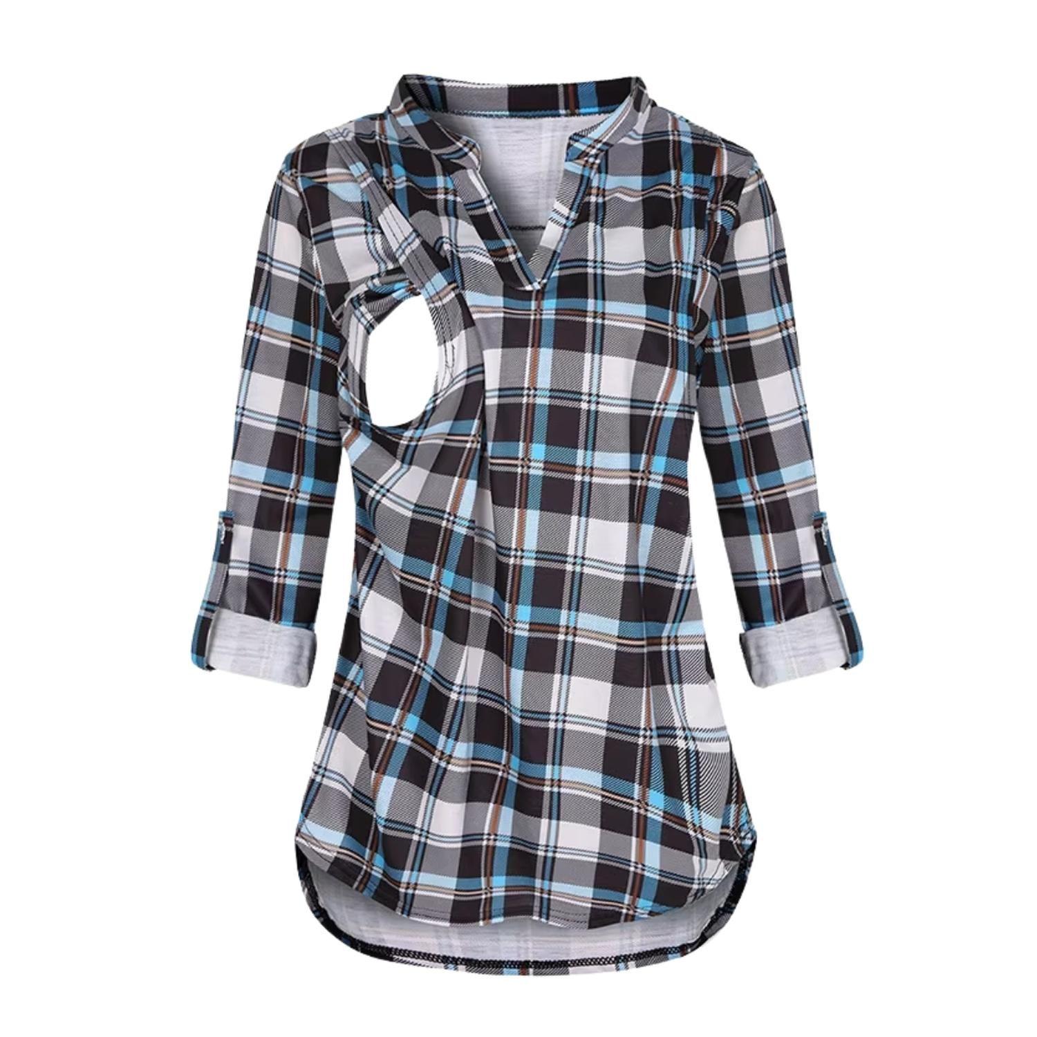 Polera Lactancia Maternidad Camisa Manga Larga Cuadro Negra-0