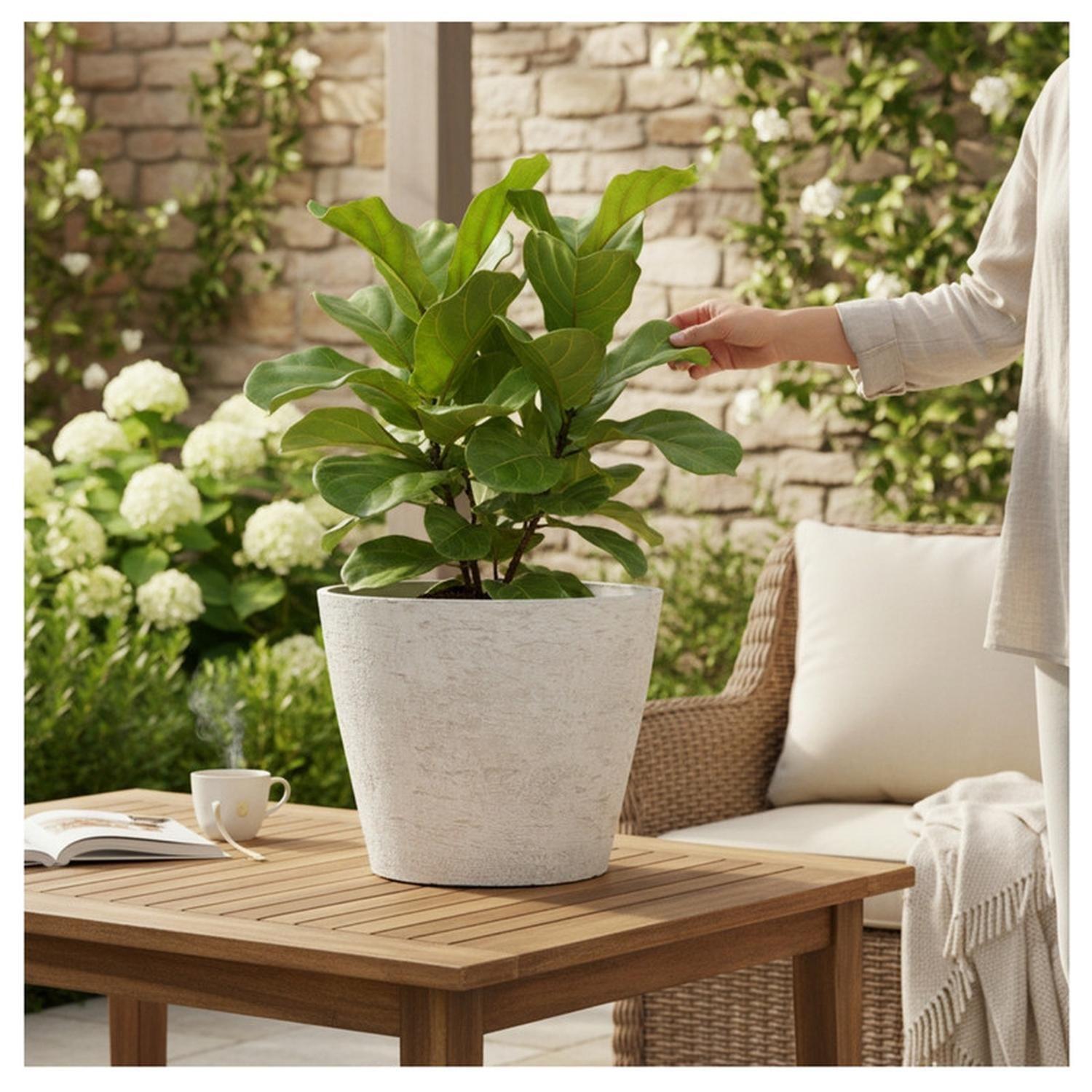 Macetero Redondo Símil Piedra Blanco Exterior E Interior-2