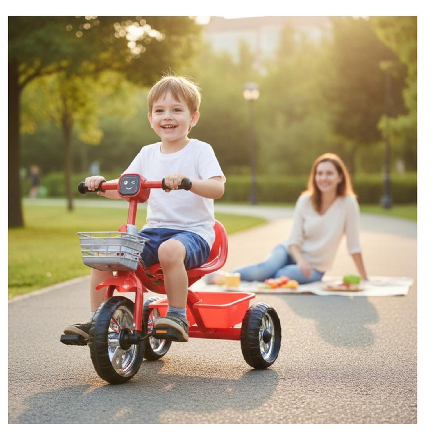 Triciclo Infantil Bici Musical Con Canasto y Respaldo Rojo-2
