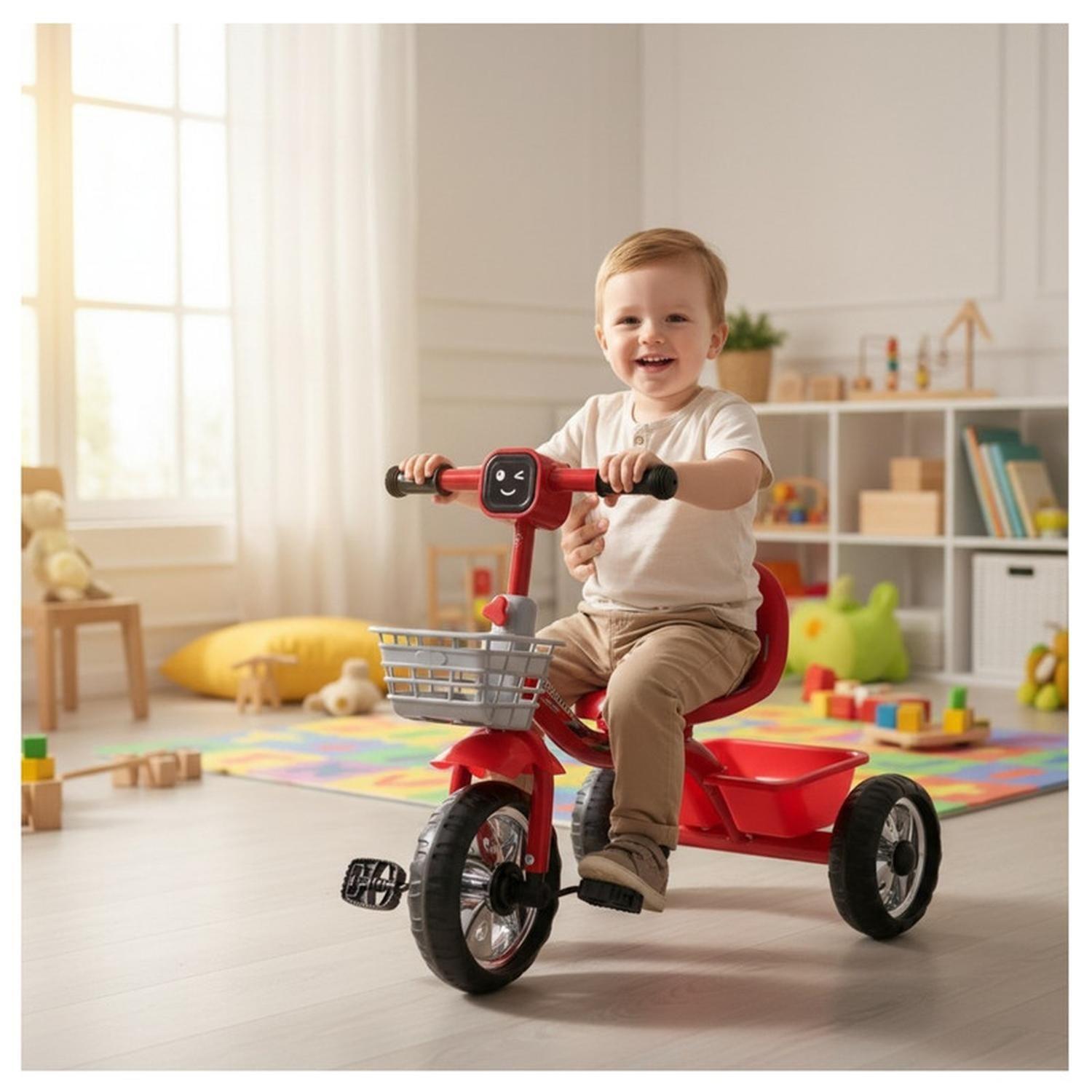 Triciclo Infantil Bici Musical Con Canasto y Respaldo Rojo-3